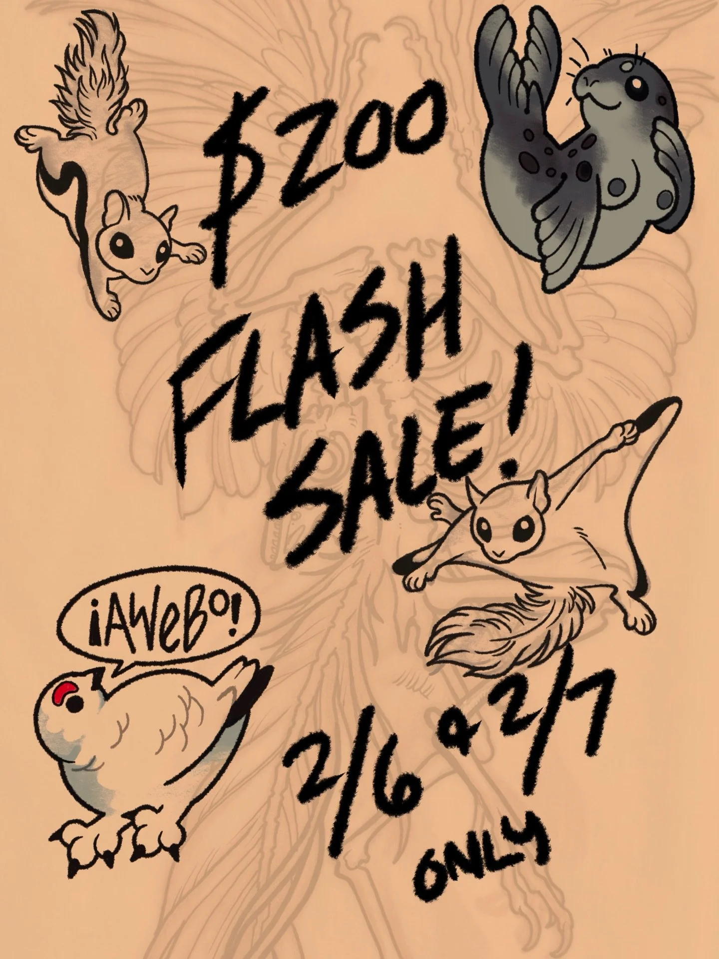 wow! geez! graphic design isn&rsquo;t my passion and my apple pencil died before i could do better than this. but i am doing $200 flash this weekend. colour, black &amp; grey, it&rsquo;s all the same. you, me, an hour in the chair, some pretty simple