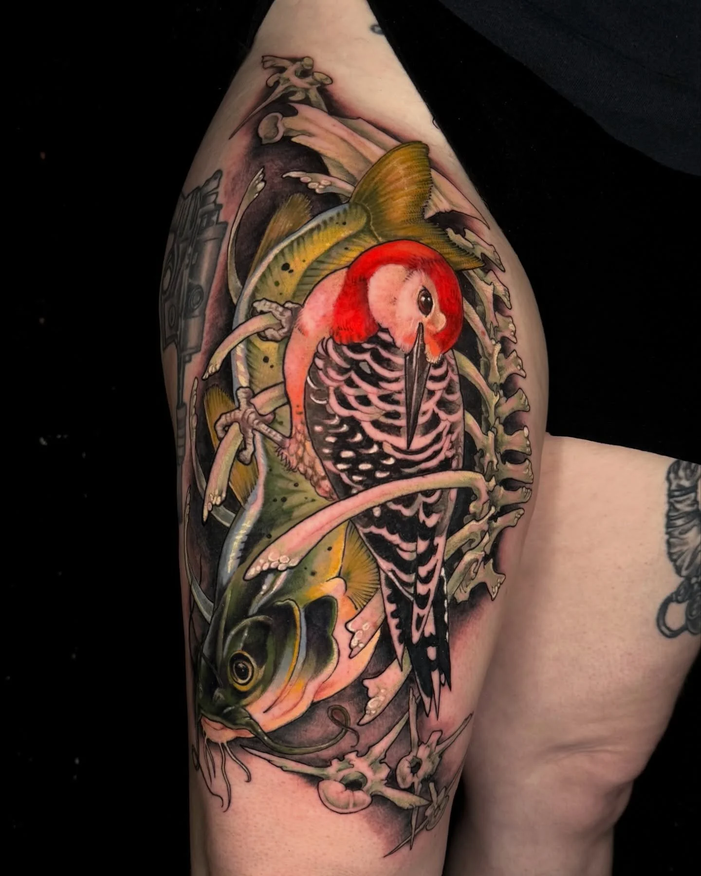 a bird &amp; a fish could fall in love, but where would they live? a water logged deer skeleton, probably. ❤️ erin (they/them) and i did two days back to back on this red bellied woodpecker &amp; channel catfish piece! day one was stenciling, lining 