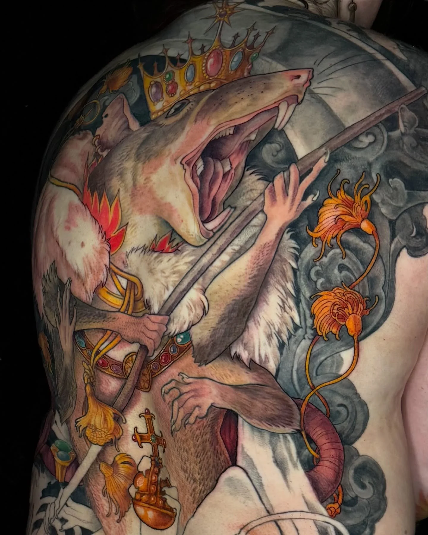 i keep thinking i made a post and then realising i didnt, just thought about it real hard. anyway&mdash; making progress on my first backpiece ❤️ 

kw: backpiece, tattoo, rat king, illustrative tattoo