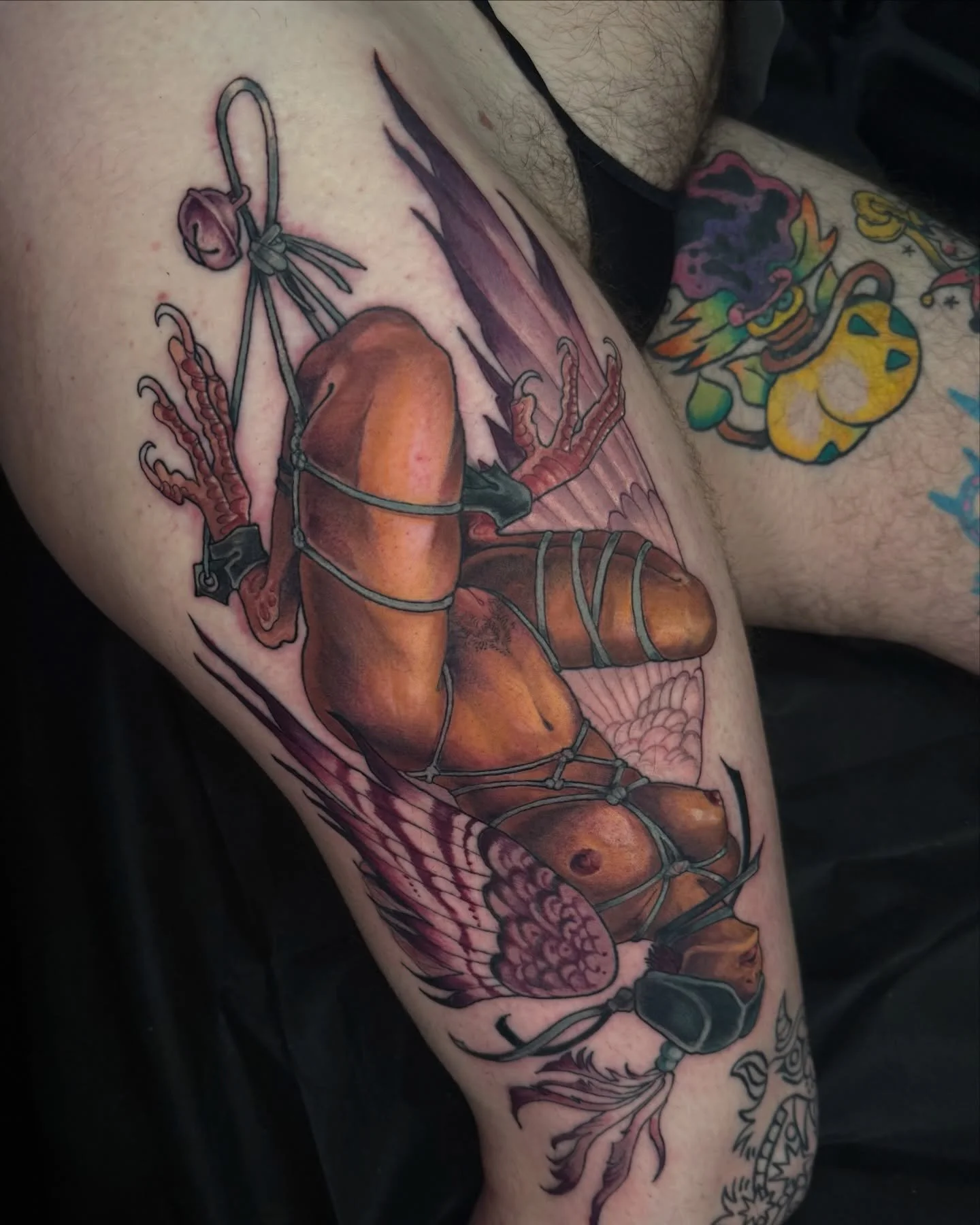 harpy lady in falconry bondage for the lovely @roachparade xoxo &mdash; this was based on an existing illustration with some minor tweaks to colour &amp; layout to fit as a tattoo. i love doing these kinky pinups &amp; would love to do more! stripper