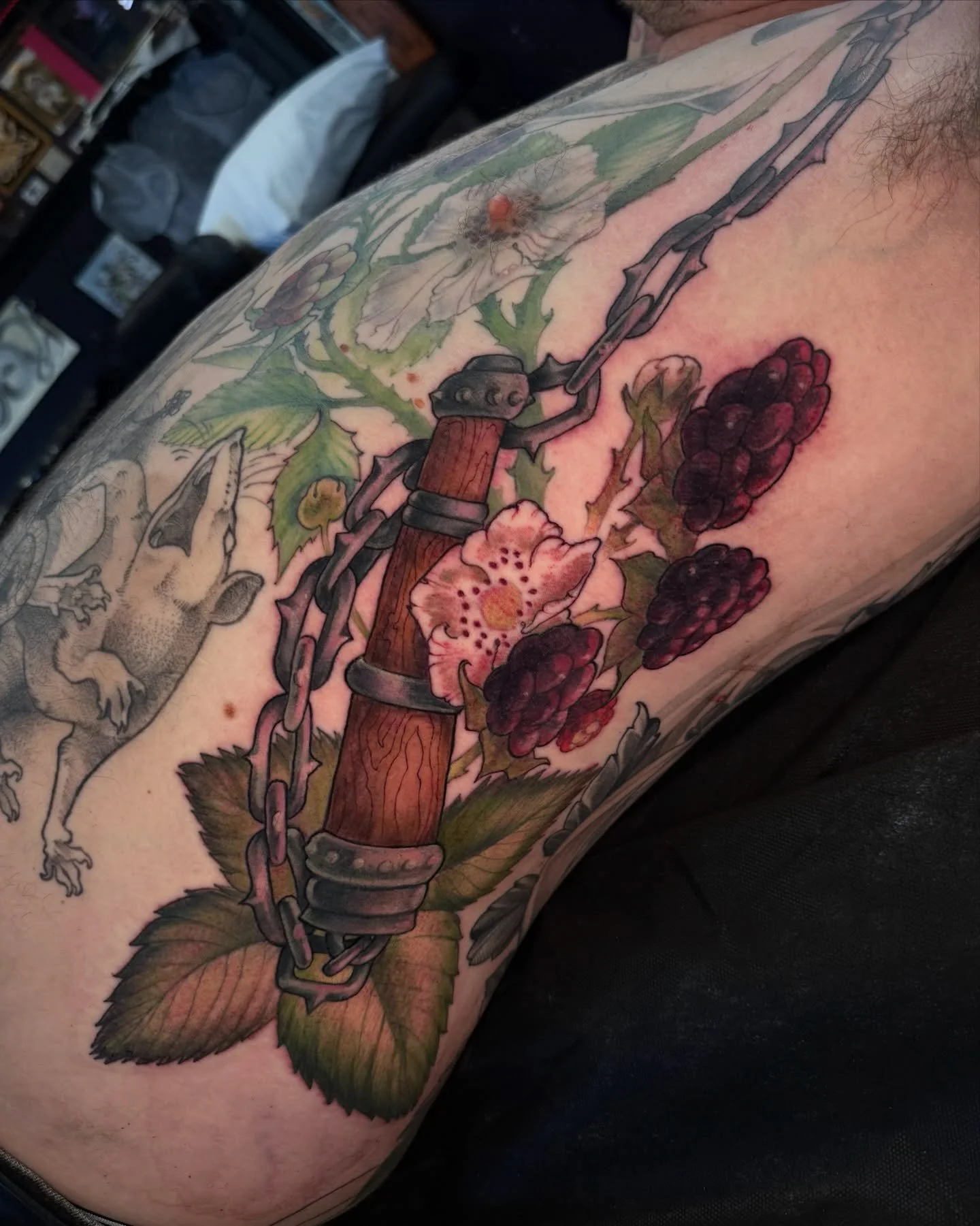 some more progress on this blackberry mace torso. sorry about the ribs and the nipples and the sternum and&mdash; 

#blackberry #chestpiece #tattoo #mace