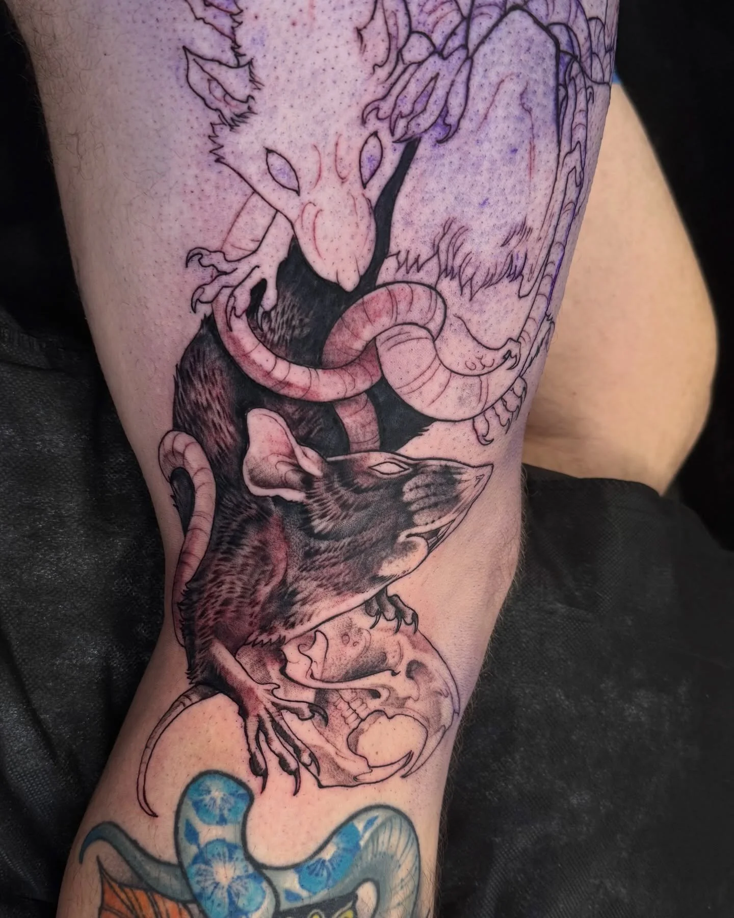 🐀🐀🐀 rat king for richard! really love how this one tucks up &amp; around muscle groups. excited to add colour in february 🫶 #rattattoo #illustrativetattoo