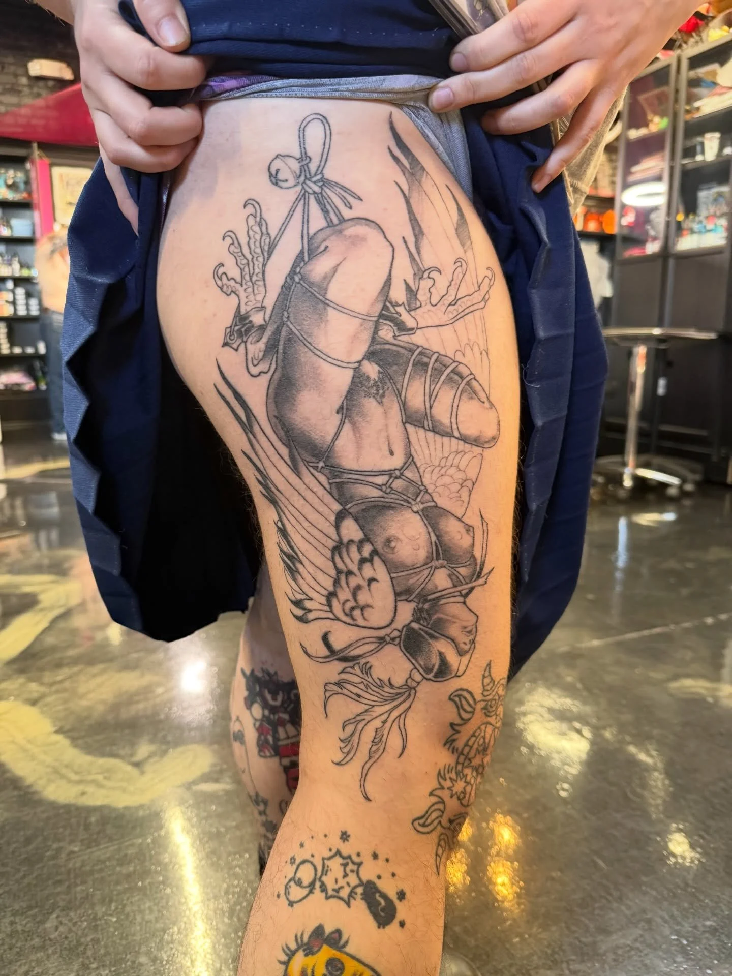 a little healed WIP on this pinup harpy shibari girl for @roachparade &mdash; we&rsquo;re finishing her up in a few weeks to add colour! i love tattooing sexy stuff like this. harpies, centaurs&hellip; i really wanna do leather daddy bear sasquatch o