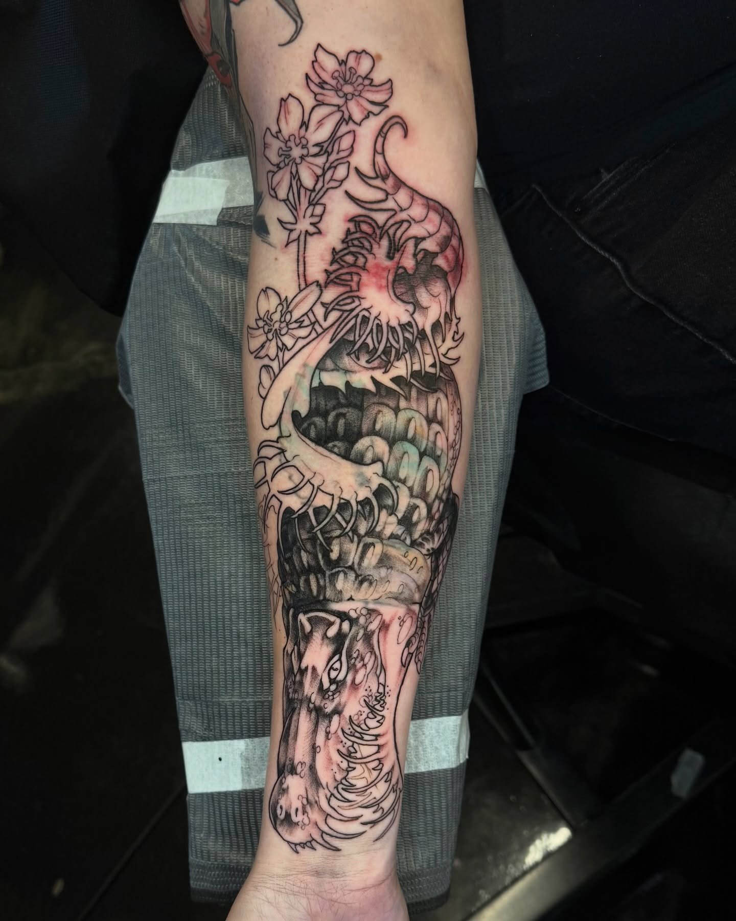 WIP of an alligator &amp; venus fly trap combo for sam! had a lot of fun designing this one, even though i ended up completely changing the layout when it came to the actual placement&mdash; i originally had it facing upward but this just makes more 