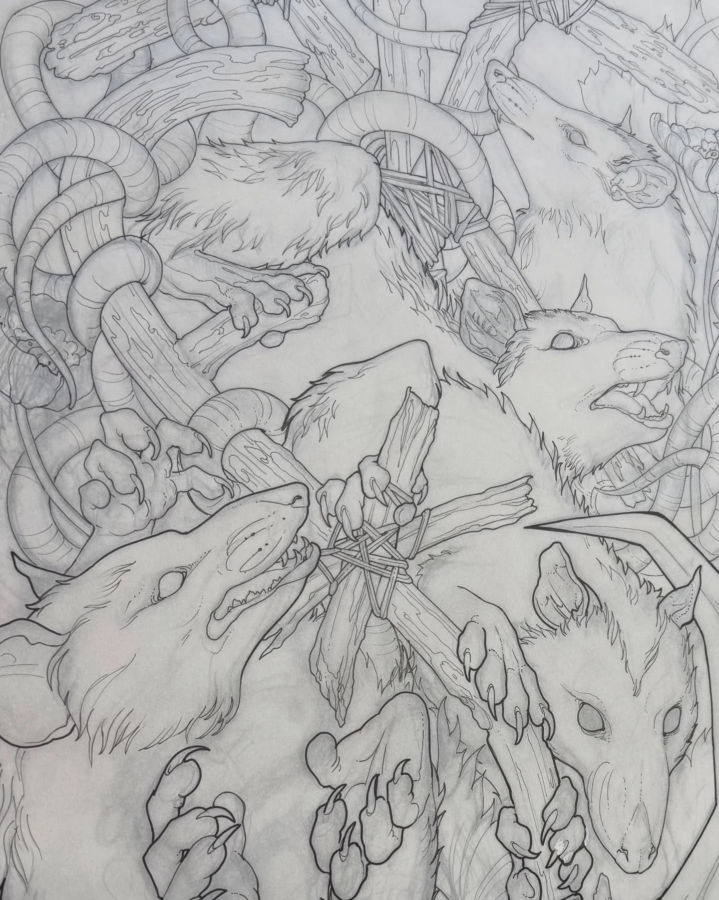 another opossum king backpiece in progress! i had two lovely clients ask about this project from my wanna dos&mdash; and it&rsquo;s been a fun challenge to take the same concept &amp; themes and apply it to two large scale pieces without feeling like