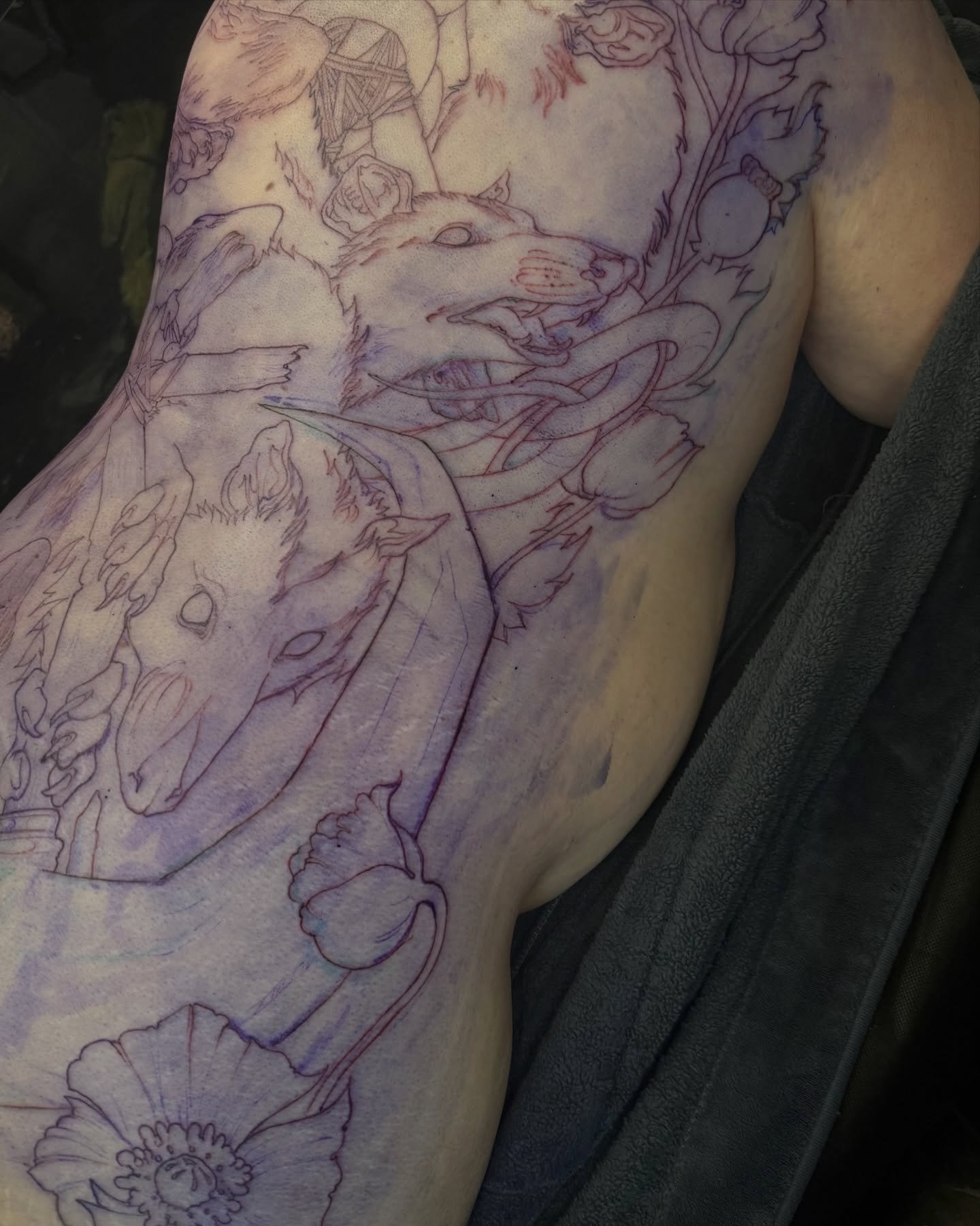 opossum wip 🌸 this one goes onto the legs, which is our next stop on this tattoo! #backpiece #tattoo #ratking #opossum