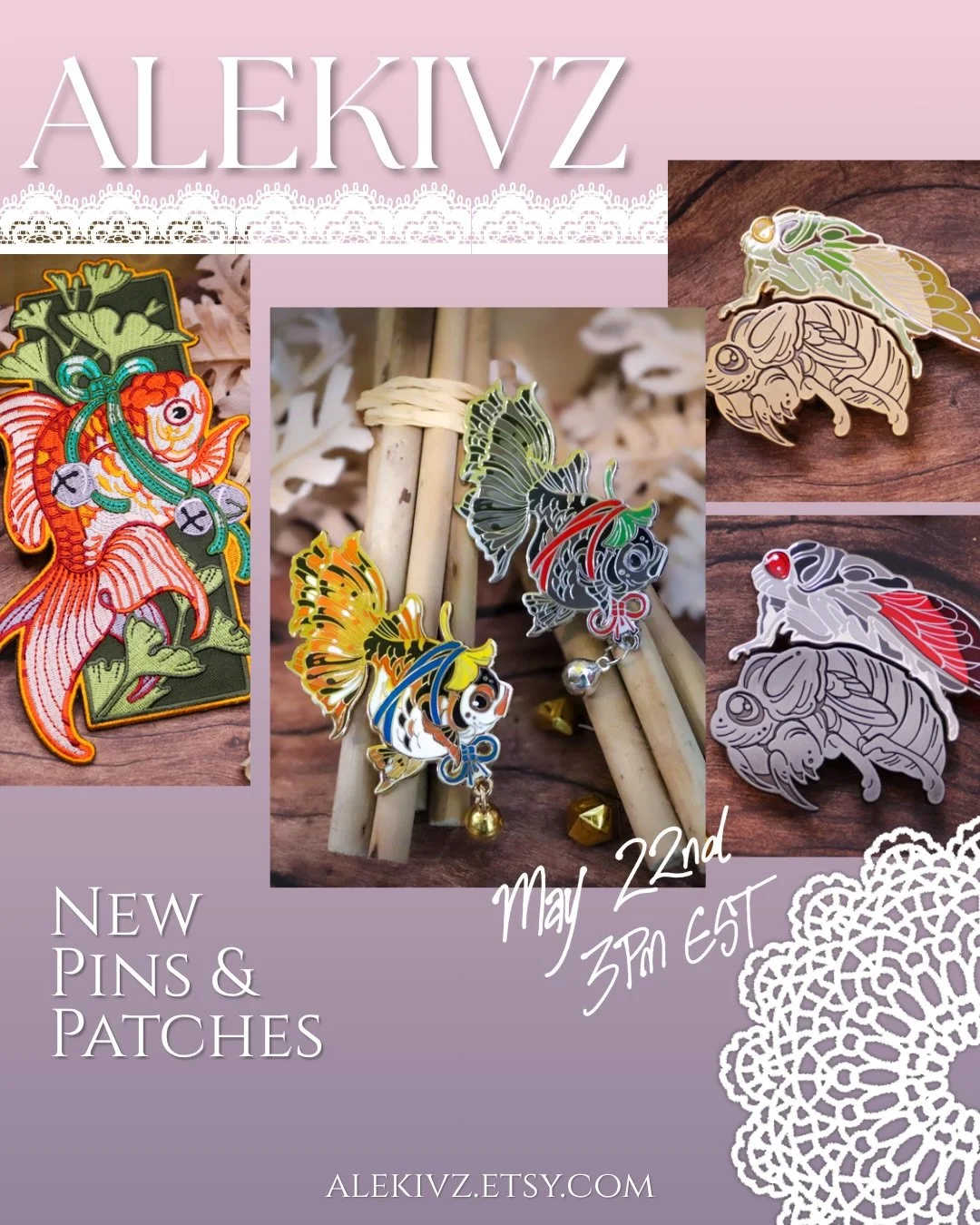 i have new merch dropping on my etsy store today, in less than two hours. some of it (goldfish pins &amp; patches, cicada pins, tiger &amp; gingko patches) you can also find in real life at @unkindnessart in person this weekend at our may market. new