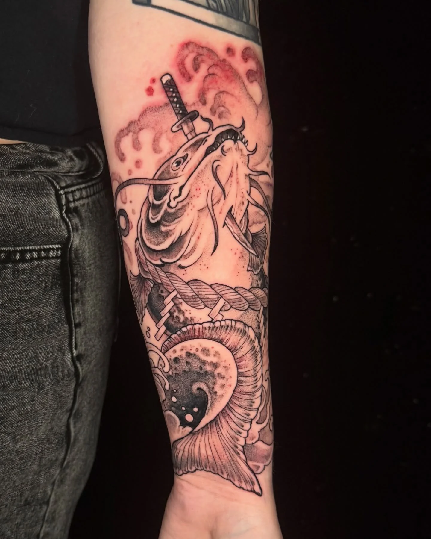 namazu, the mythical catfish god that causes earthquakes in japan, as this gap filler/inner arm piece for melanie. really love this guy! or maybe i just love fish in general&hellip; #catfish #namazu #japanese #tattoo