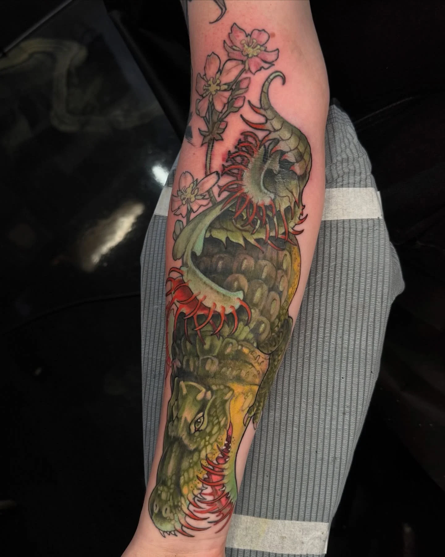 alligator &amp; venus flytrap cover up! swipe to see more angles, healed lines/shading, and the original cover up 🫶 i loved doing this piece &amp; it ended up changing from the original design a fair amount. originally the alligator was positioned u