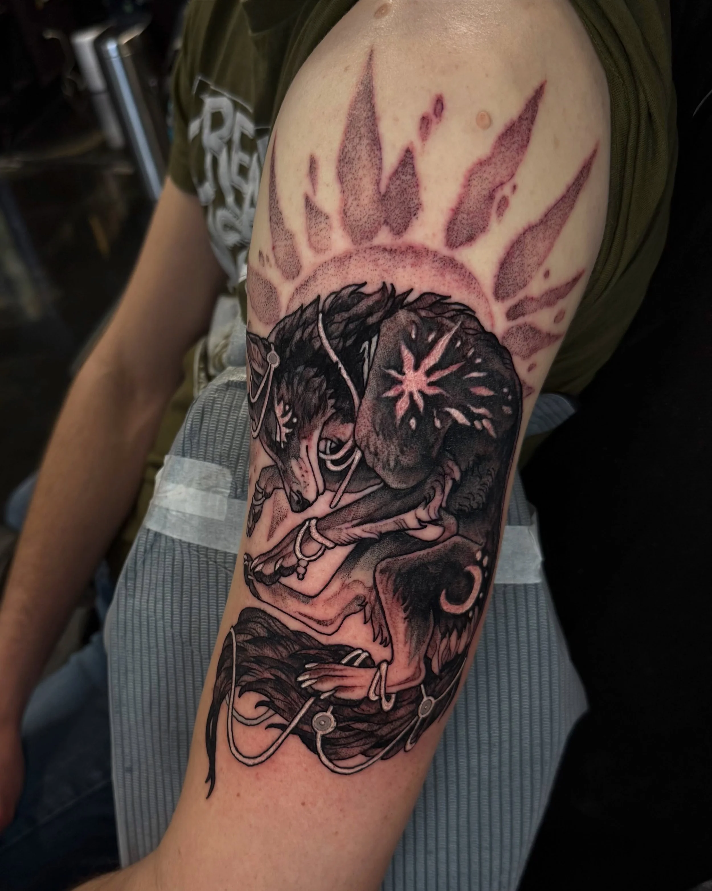 one of those &ldquo;forgot to post&rdquo; tattoos&mdash; black &amp; grey dog w/celestial motif. enjoy some healed pics too. nice way of showing the extremes of what black &amp; grey can look like fresh vs. healed. grey wash tends to look darker when