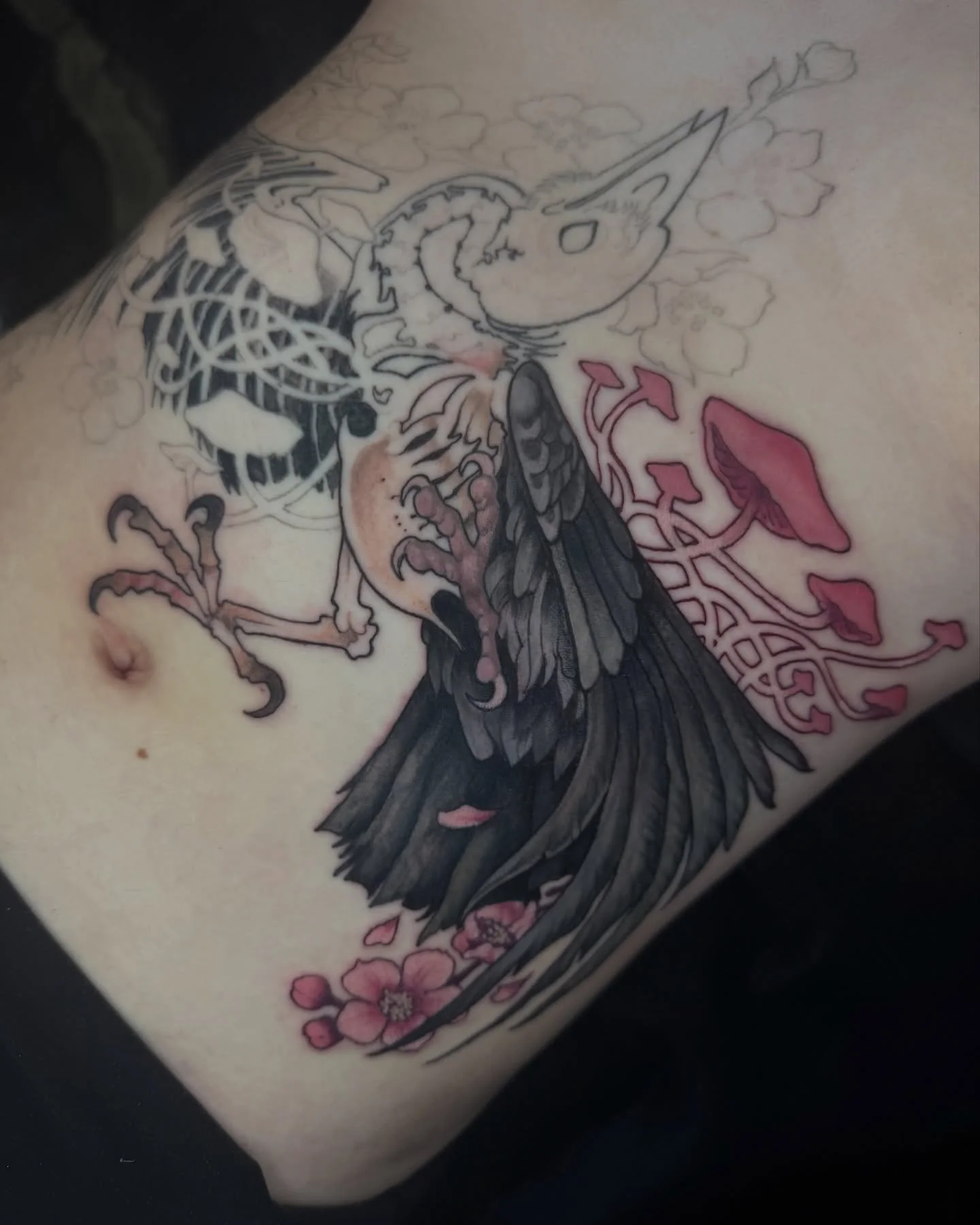 progress on this crow torso! we stuck to one side so that we had the highest chance of success, since pain tolerance can rapidly shift when you change which side you&rsquo;re tattooing. the colour was all one half day session, lines &amp; the left si