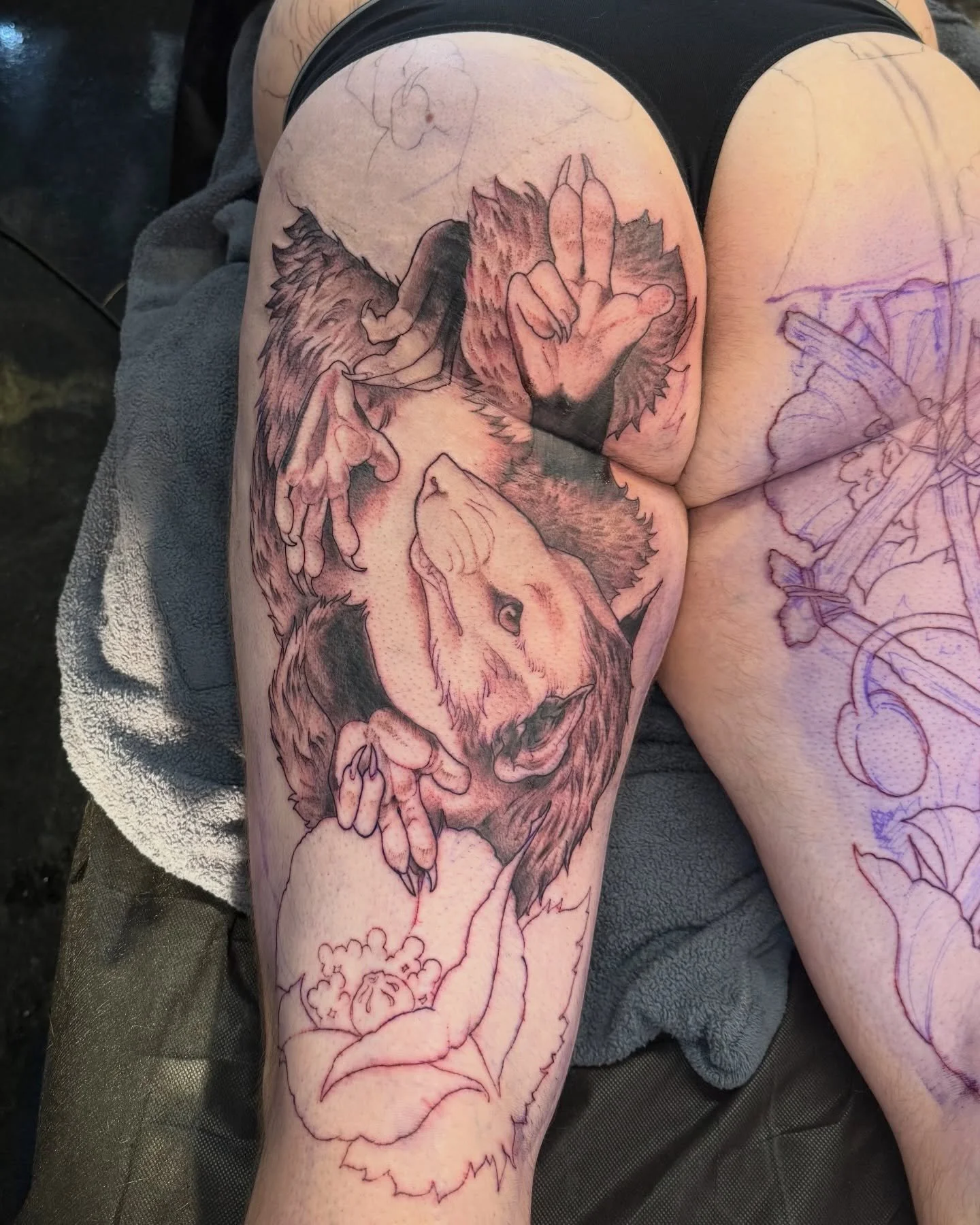 as above, so below 👇🖕 finished lining this backpiece, added some shading, excited for more! last slide is healed grey lines of the rest of the back. 

kw: opossum, backpiece, black and grey, wip, work in progress, opossum king, tattoo