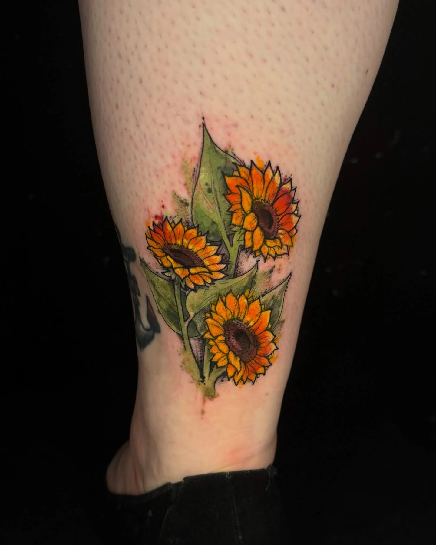 some sketchy/watercolour sunflowers from before my surgery. can&rsquo;t wait to get back to tattooing next week! standing, laying, &amp; last slide is the finished blackwork section. even for sketchy and watercolor stuff, a strong black and grey foun