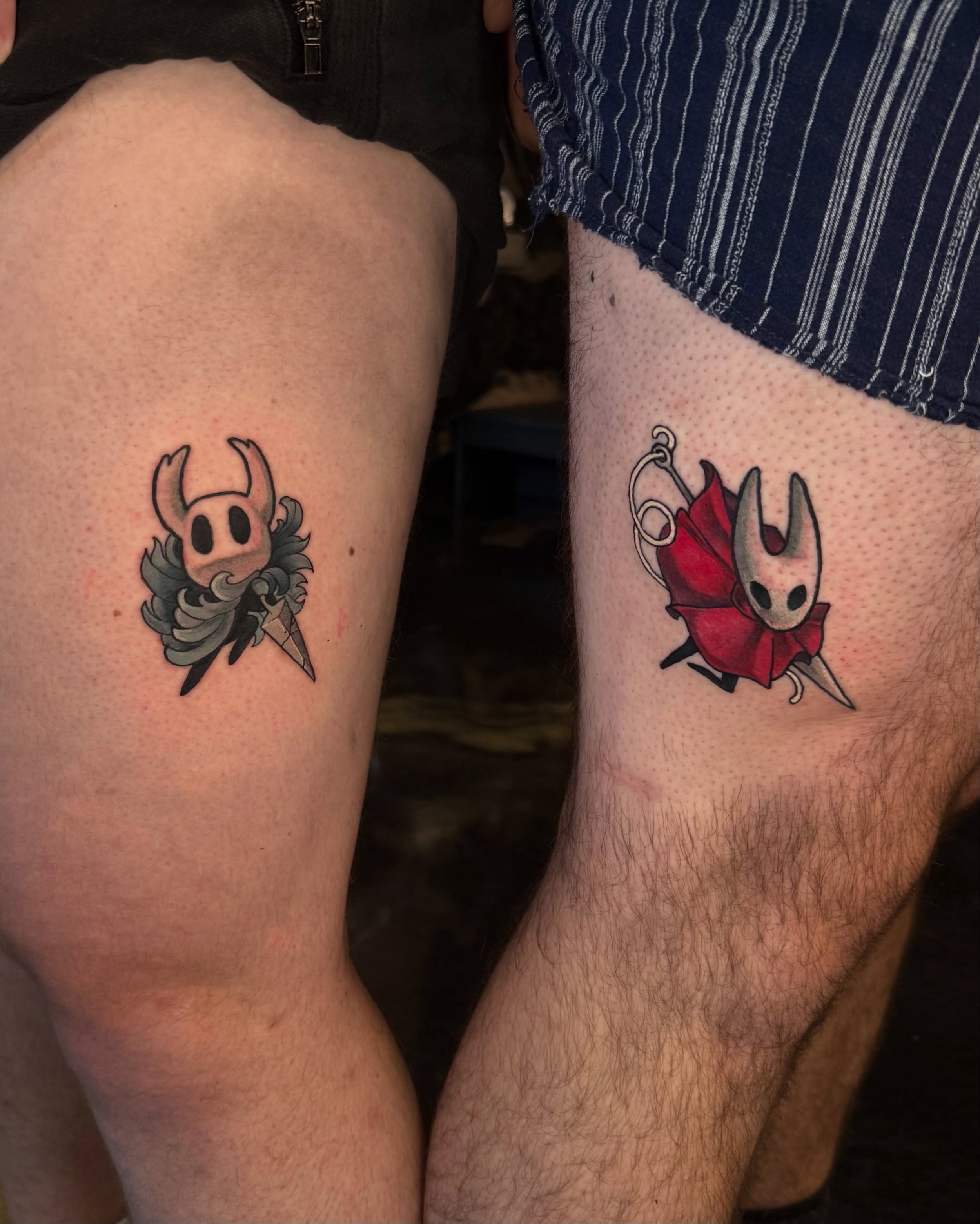 them &amp; theirs hornet &amp; knight tattoos from last week. if i was a smarter man i would have had my clients pose facing each other too but whatever. we live &amp; we learn (&amp; in the case of hollow knight you die &amp; you learn &amp; you die