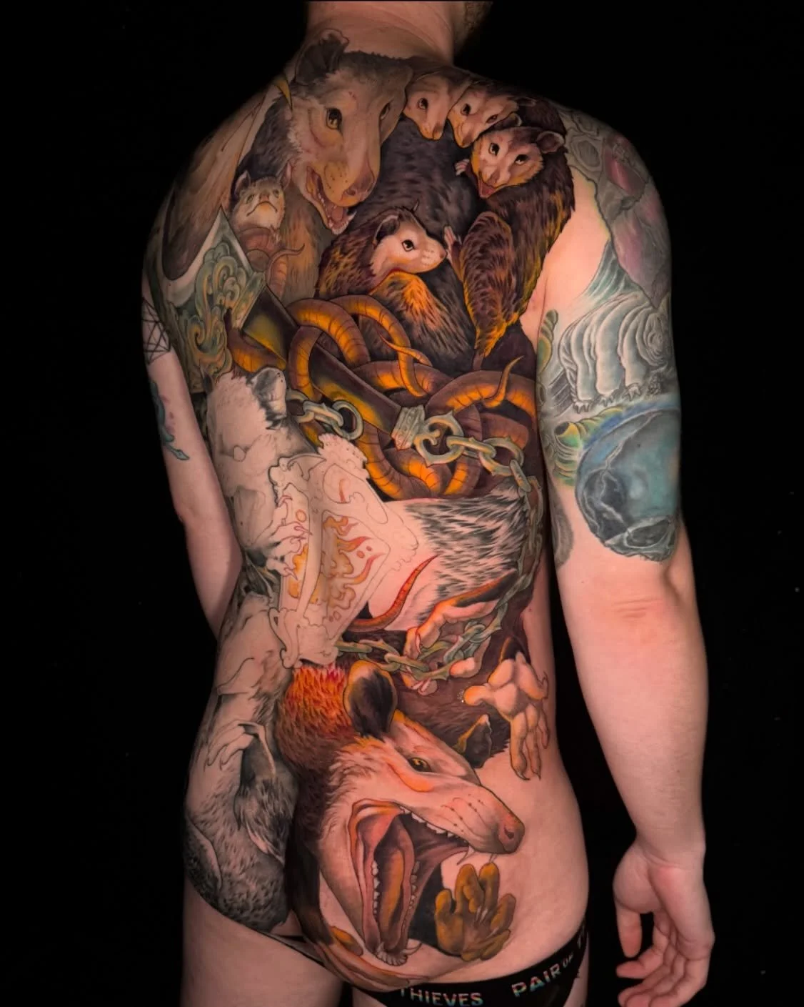 a couple more days on this opossum king backpiece, excited to really get into some dramatic lighting &amp; colour! 

kw: opossum king backpiece tattoo sickle lantern colour illustrative work in progress