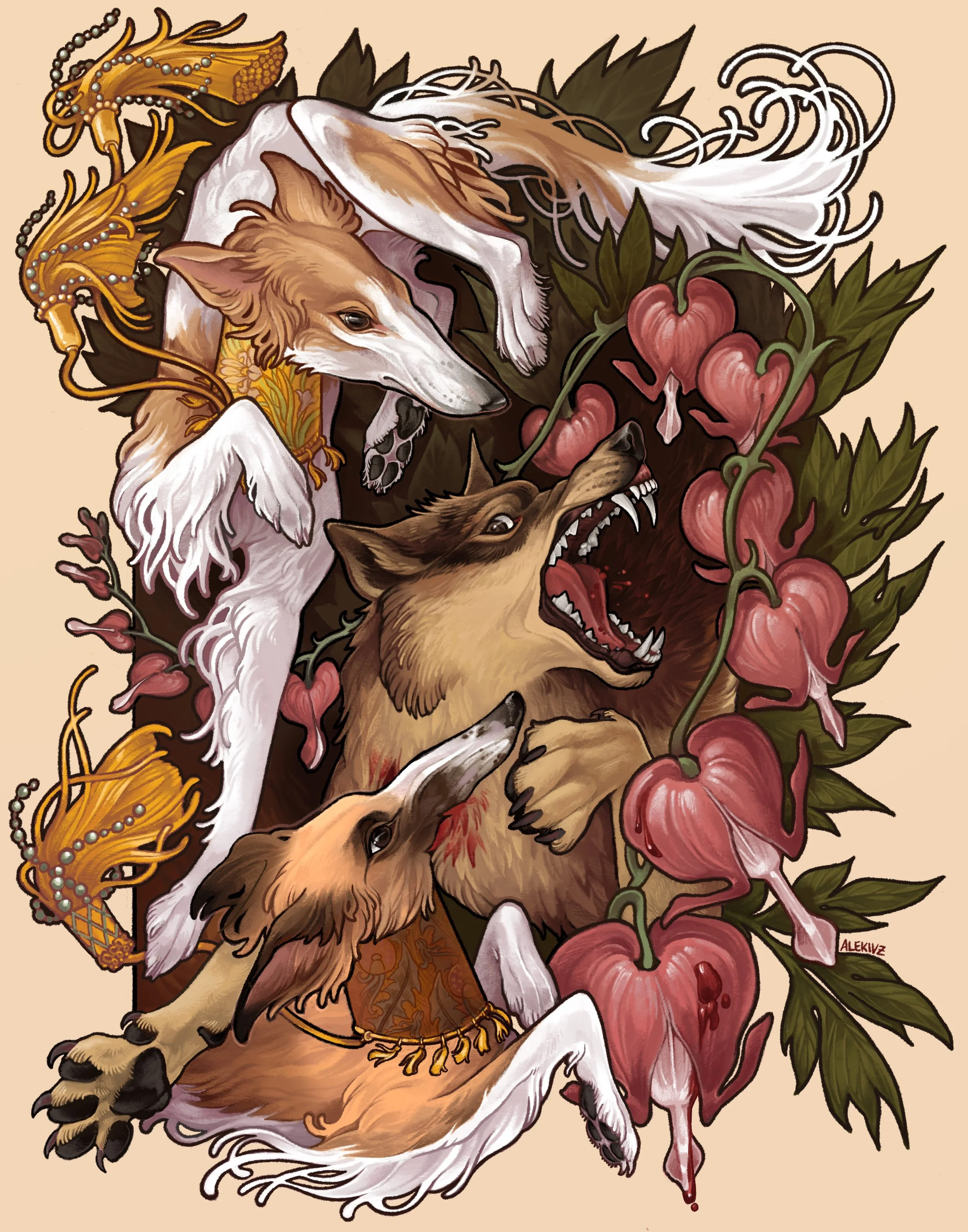 "The World Owes More Than They'll Pay," example of digital painting for print on wall scrolls and giclee art prints. Two Russian Borzoi dogs doing what they were bred to do-- hunt wolves. 