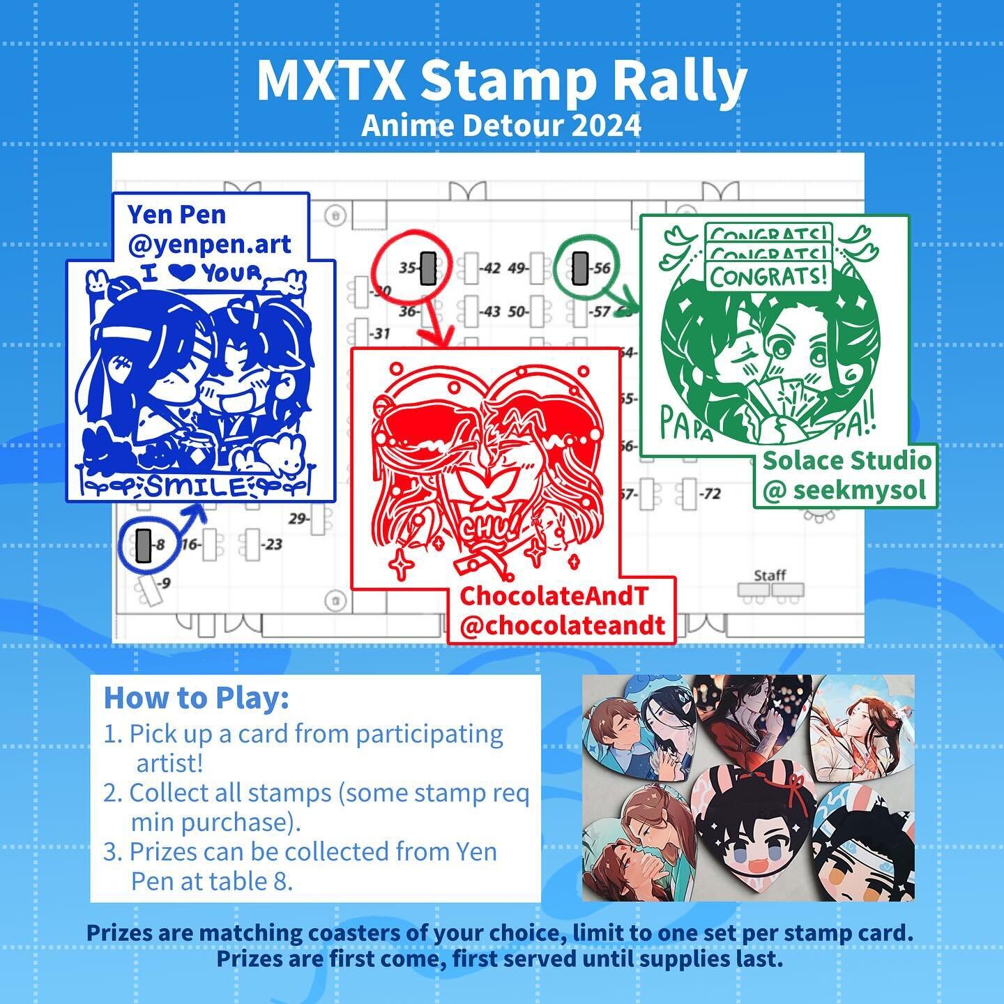 Surprise! It&rsquo;s another stamp rally for Anime Detour 2024! ❤️ If you want more than one set of couple coasters, you&rsquo;ll have to fill out multiple stamp cards while supplies last! I was in charge of SV so you get a lovely set of both couples