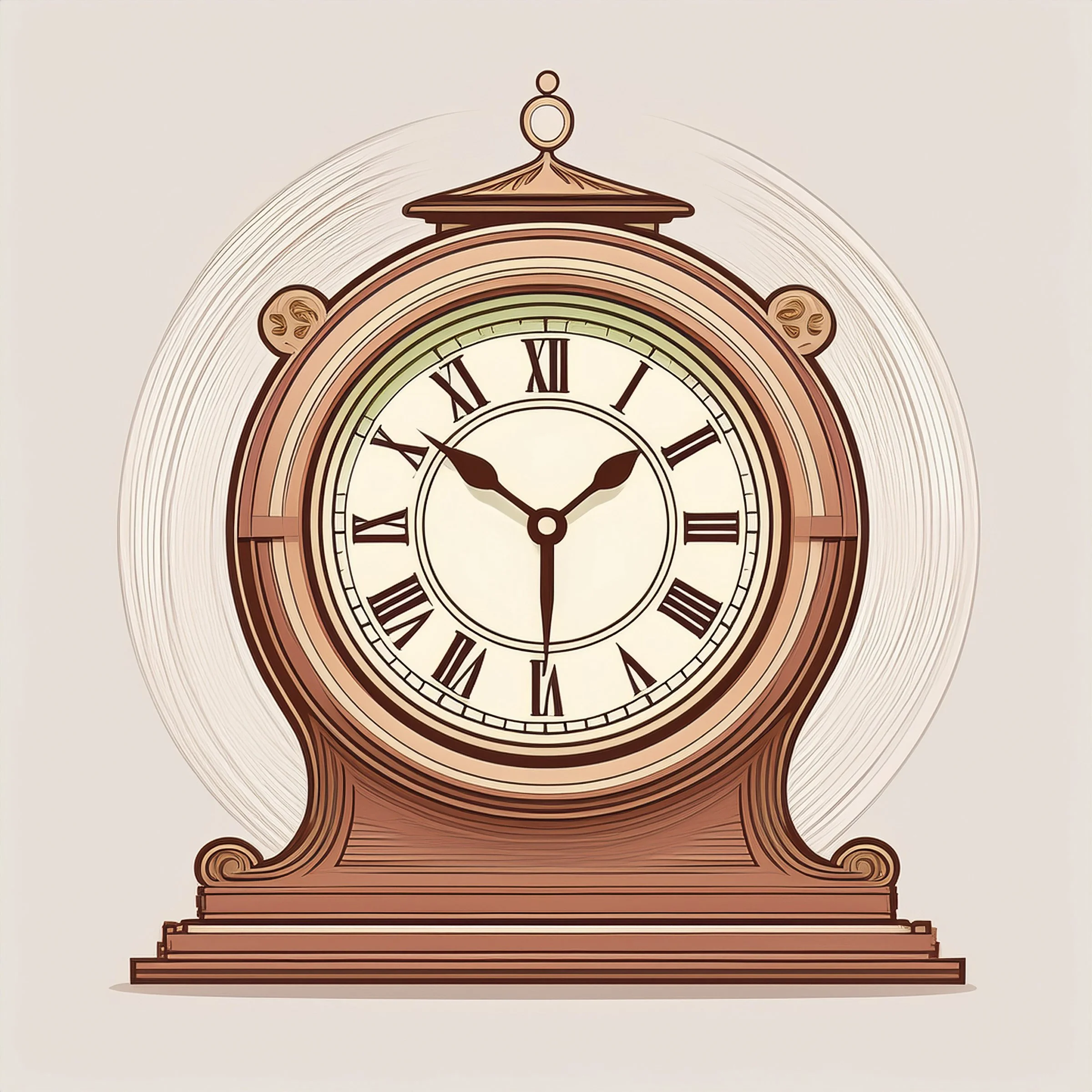A stylized analog clock with Roman numerals and decorative elements, showing the time as 6:30.