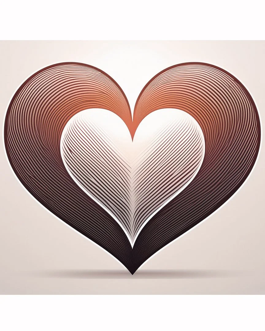 Stylized heart shape made of curved lines in shades of brown and white on a light background.