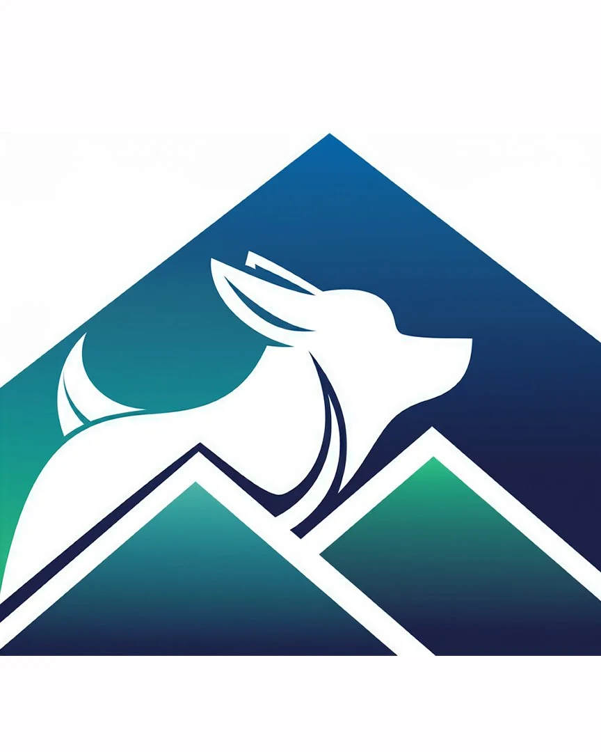 Stylized mountain with a white mountain goat's head and horns, using shades of blue and green.