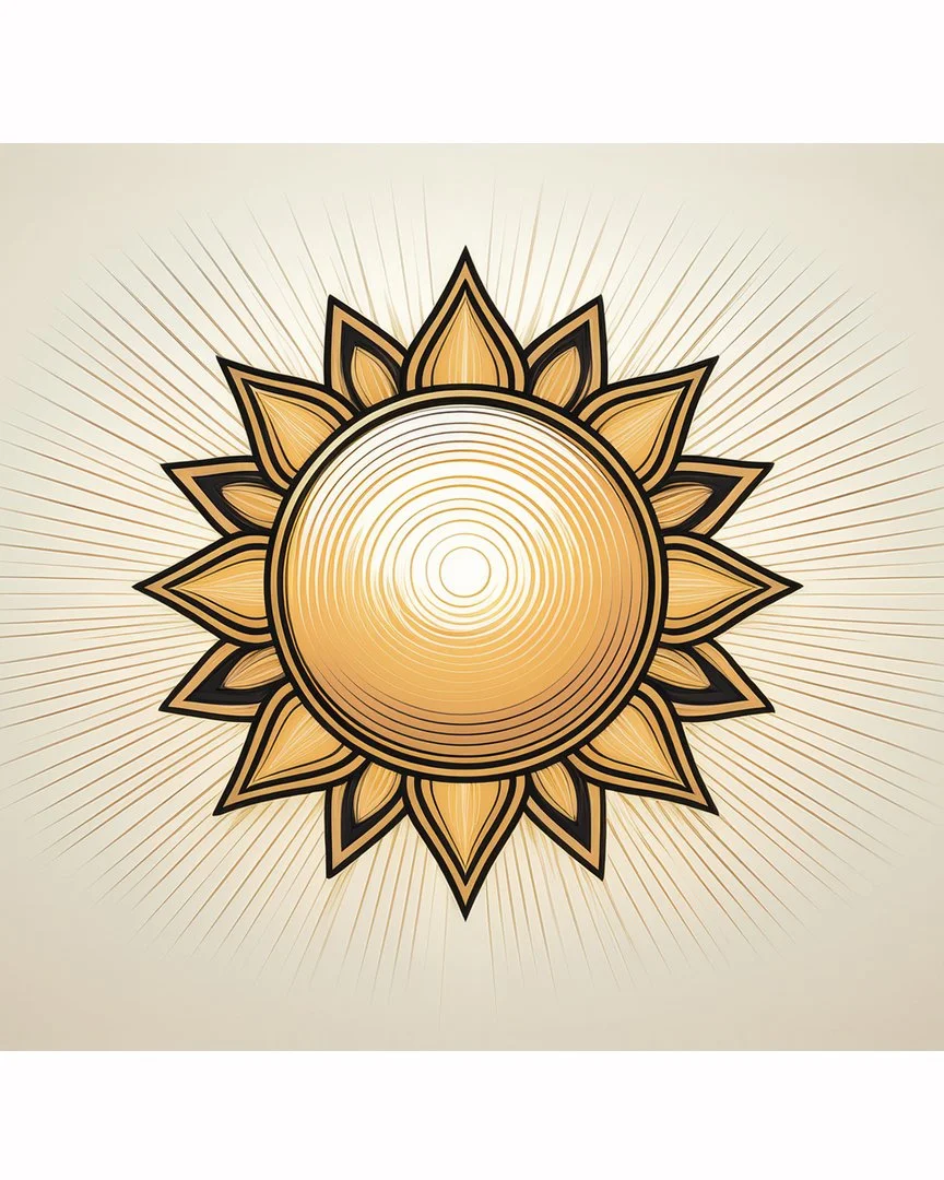 Stylized golden sun with radiating lines and layered petal design on a beige background.