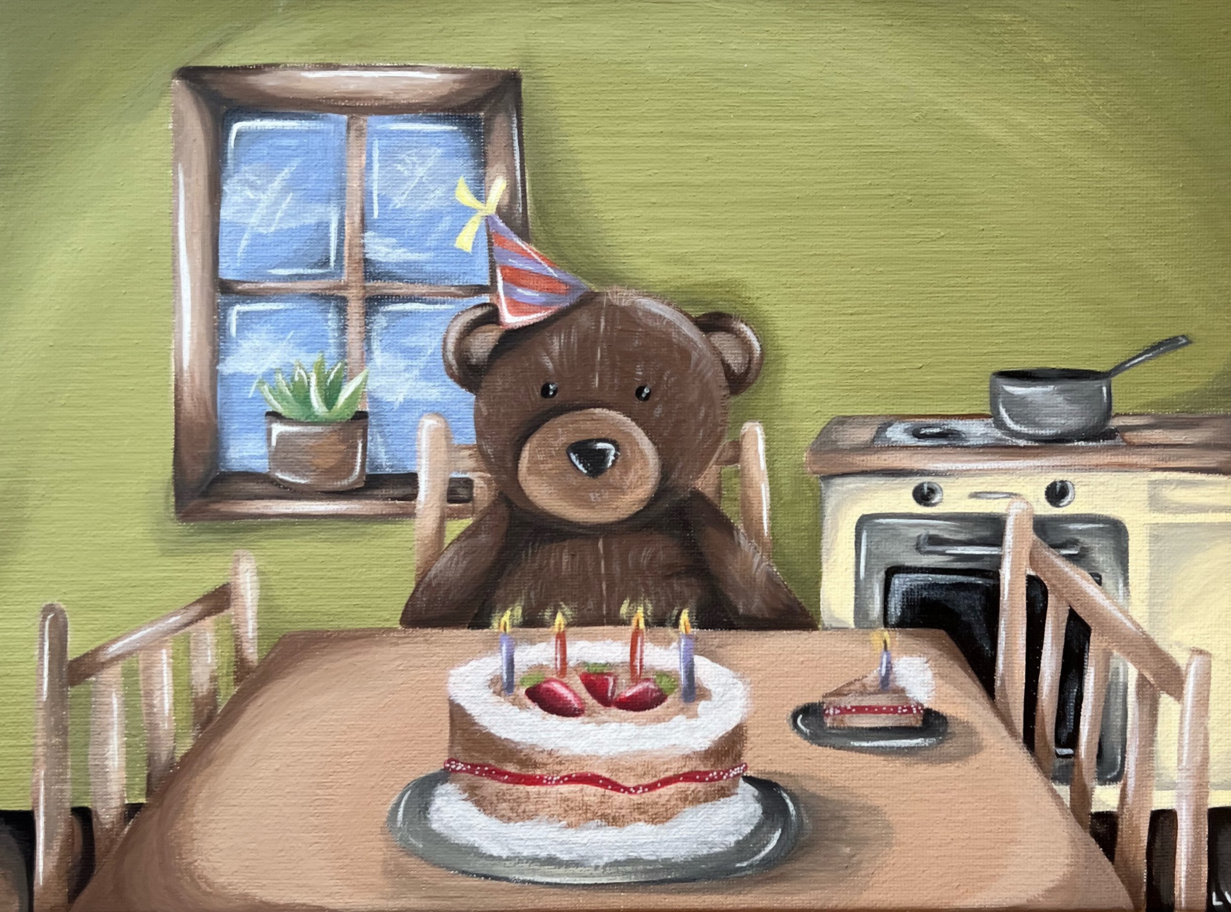 Lindsey White, “Party of One”, 2022. Acrylic on canvas, 8"x6".