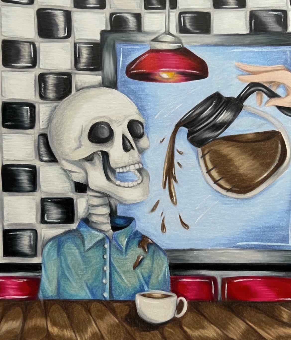 Lindsey White, "Death Before Decafe", 2022. Colored Pencil, 6'x8'