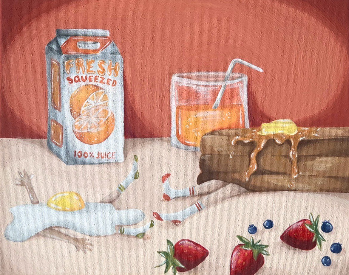 Lindsey White, "Bed and Breakfast", 2022. Acrylic on canvas, 8'x6'
