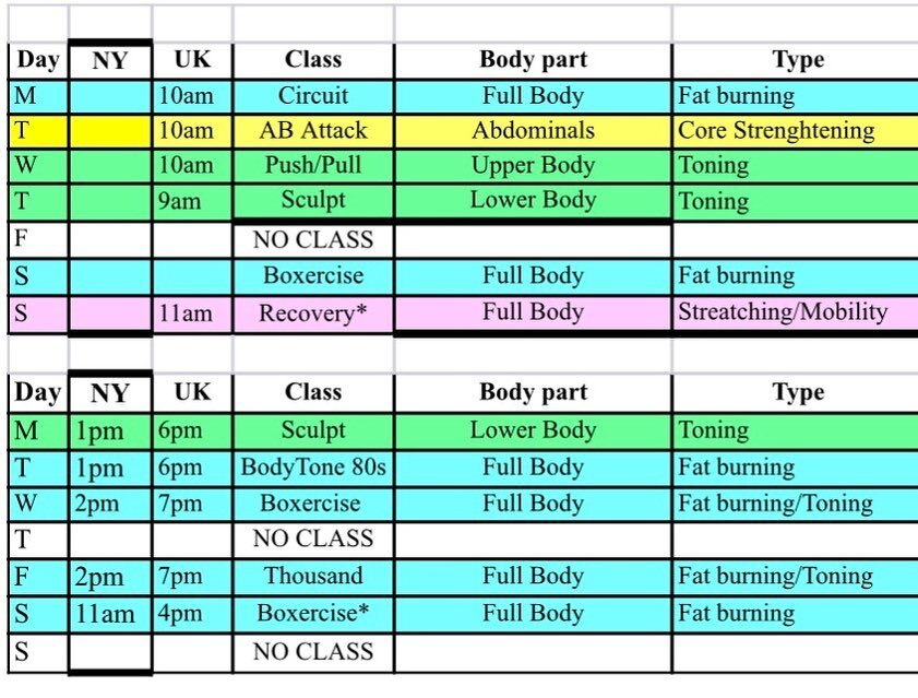 This week schedule 💪
To join our live zoom classes send a DM
.
.
.
#liveclasses #fitnessclasses #homeworkout #noequipmentworkout #fitness #fitnessmotivation #workoutathome #liveworkouts