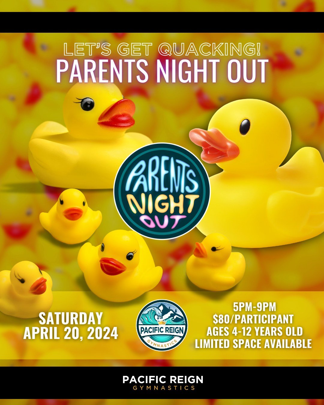 🐤 𝙇𝙚𝙩'𝙨 𝙜𝙚𝙩 𝙦𝙪𝙖𝙘𝙠𝙞𝙣𝙜!

Back by popular demand, we are hosting a Parents Night Out event THIS SATURDAY, April 27th from 5-9pm! All the details are on the slide and we hope you will join us! Limited space is available!

🔗 Link in Bio!