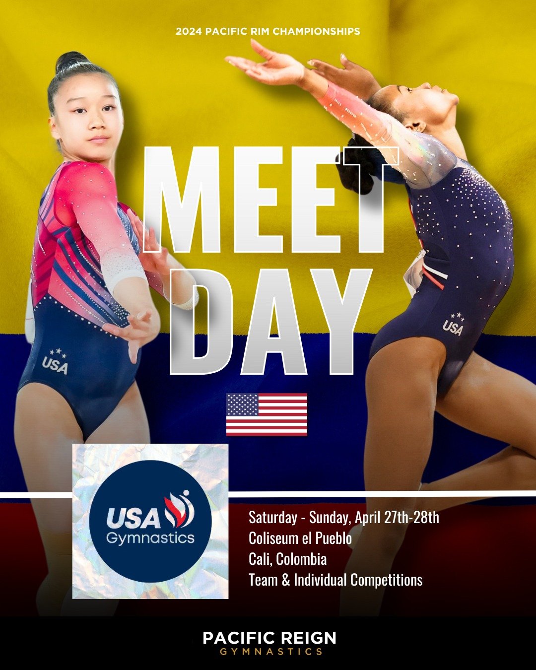 𝙏𝙝𝙚 𝙤𝙣𝙚 𝙞𝙣 𝘾𝙤𝙡𝙤𝙢𝙗𝙞𝙖. 🇨🇴

🤸🏾&zwj;♀️Pacific Rim Championships
📍Cali, Colombia
🏟️ Coliseum el Pueblo
⏰ Saturday - Sunday, April 27th-28th
💪 Team USA - including Jayla Hang &amp; Simone Rose

@usagym | @teamusa | #Train2Reign 
@jay