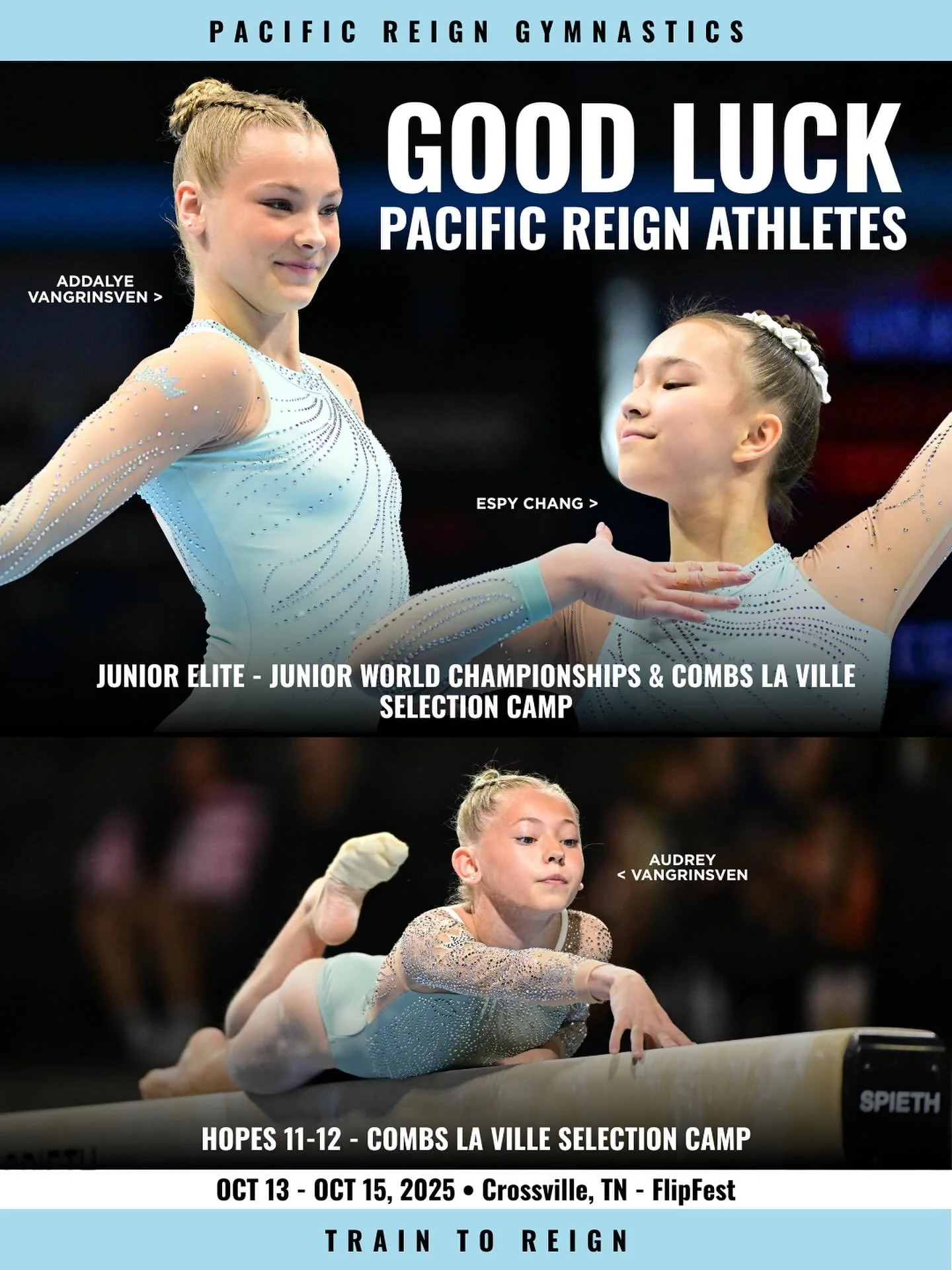 Starting today, 3 Pacific Reign athletes will participate in the Junior World Championships &amp; Combs la Ville Selection Camp for Team USA!🇺🇸

@addalye &amp; @espy_gymnast will compete for spots at Junior Worlds and Combs La Ville and @audreyv203