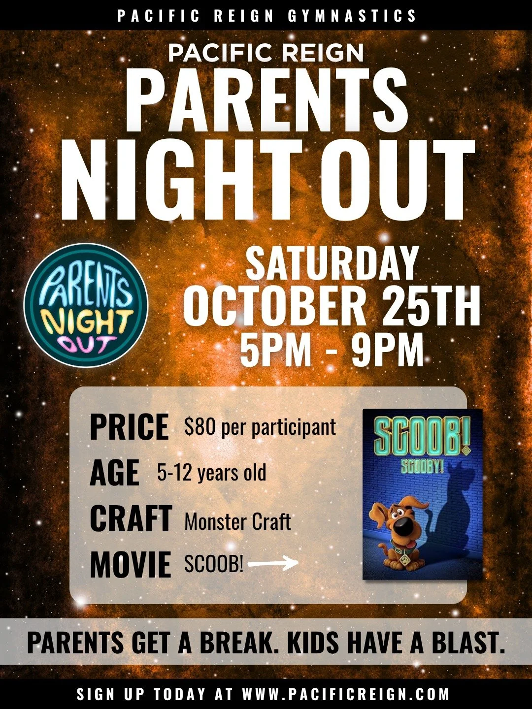 👻🎬 Ready for a spook-tacular Saturday night? The Saturday before Halloween means it&rsquo;s time for another Parents Night Out at Pacific Reign! 💫

While parents enjoy a night off, kids will:
🎨 Create their very own Monster Craft
🎥 Watch SCOOB! 