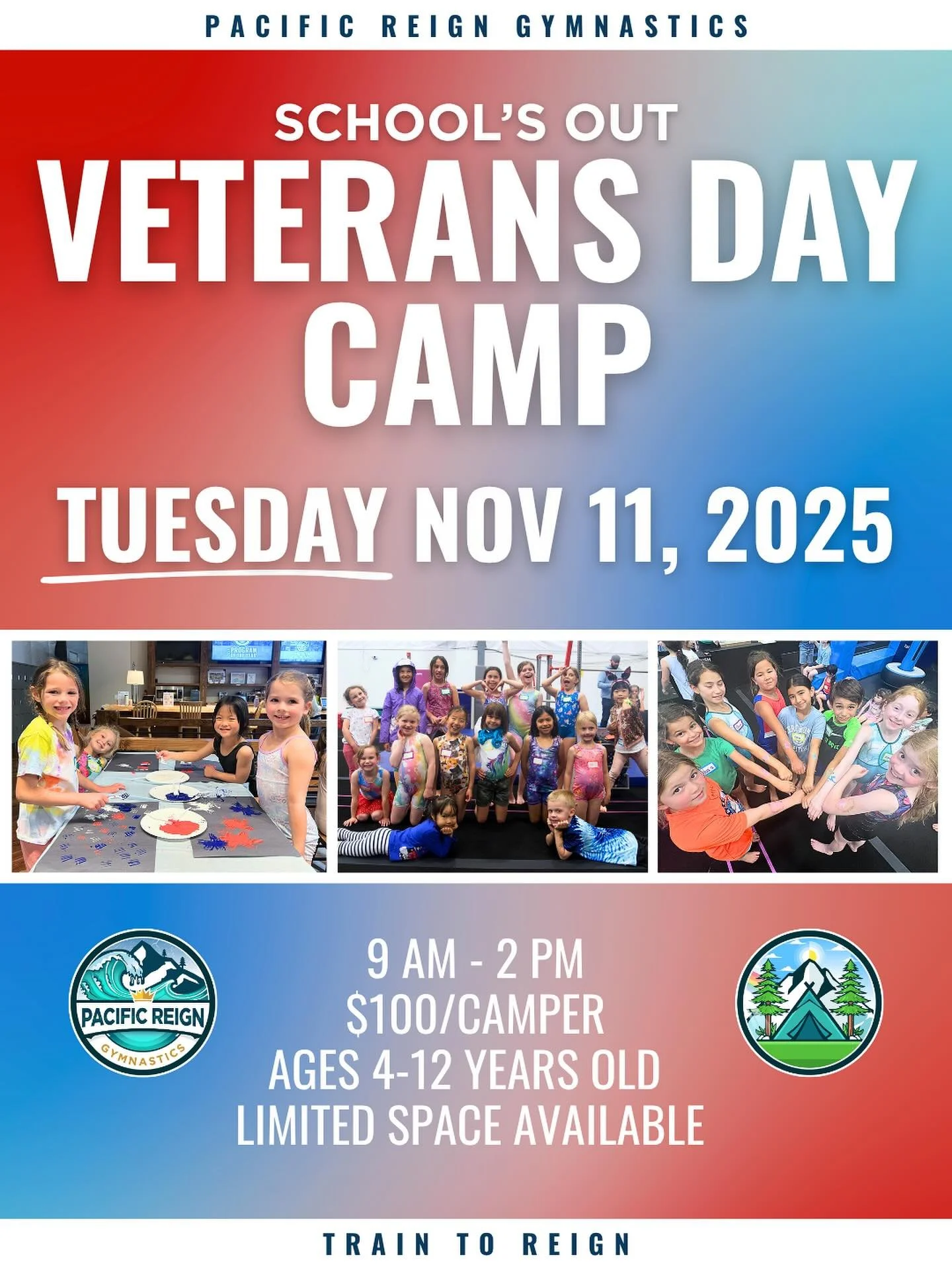 📣 SCHOOL&rsquo;S OUT &mdash; CAMP&rsquo;S ON! 🇺🇸

Join us for our Veterans Day Camp on Tuesday, Nov. 11th!
A day full of gymnastics, games, crafts, and fun while school&rsquo;s out! 🎉

🕘 9 AM &ndash; 2 PM
💲$100 per camper
🎯 Ages 4&ndash;12
⚠️ 