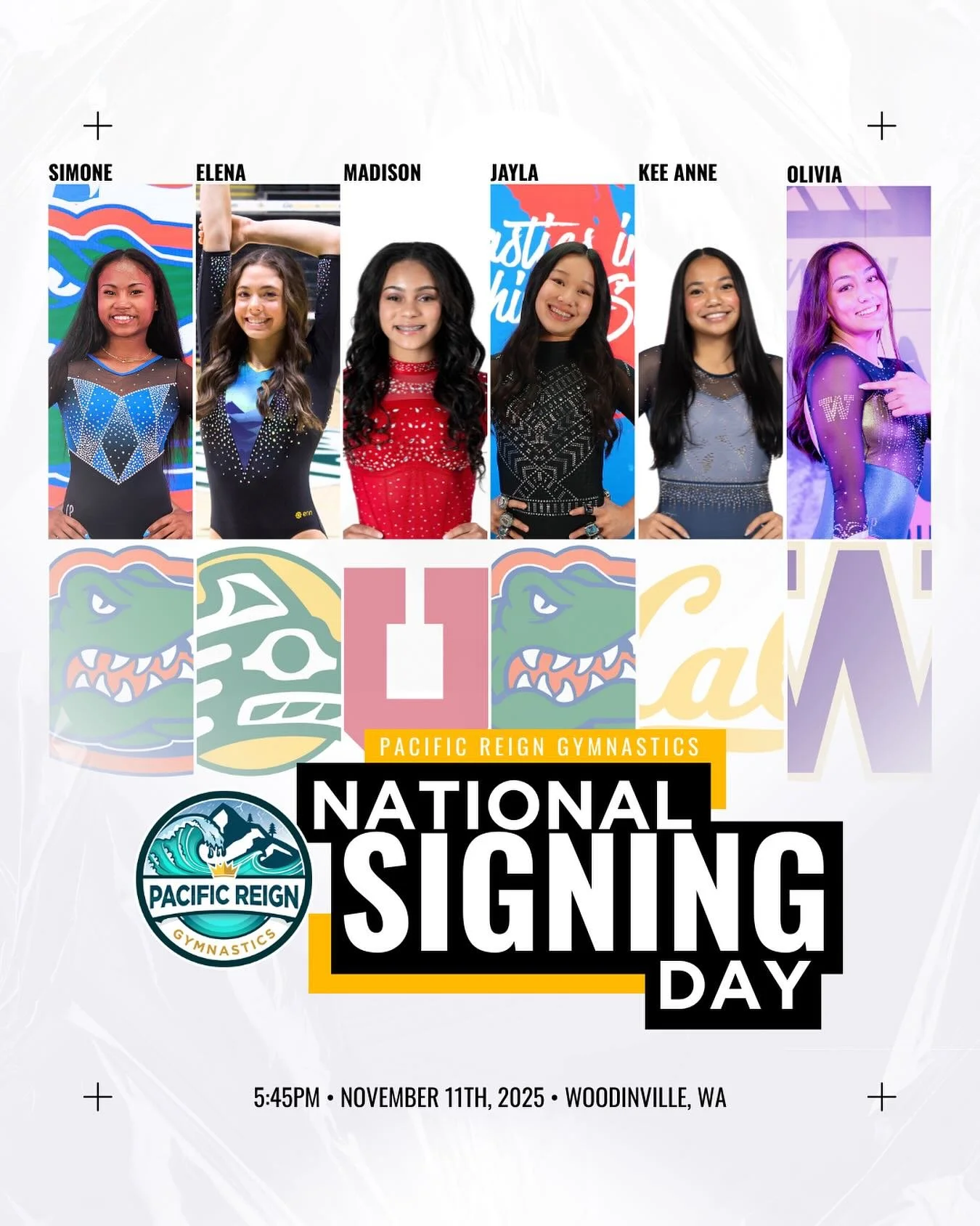 Tonight at Pacific Reign, we celebrate 6 incredible athletes who are signing their commitments to continue their gymnastics career in the NCAA!

Simone Rose ✍️ @gatorsgym 
Elena Markley ✍️ @uaagymnastics 
Madison Denlinger ✍️ @utahgymnastics 
Jayla H