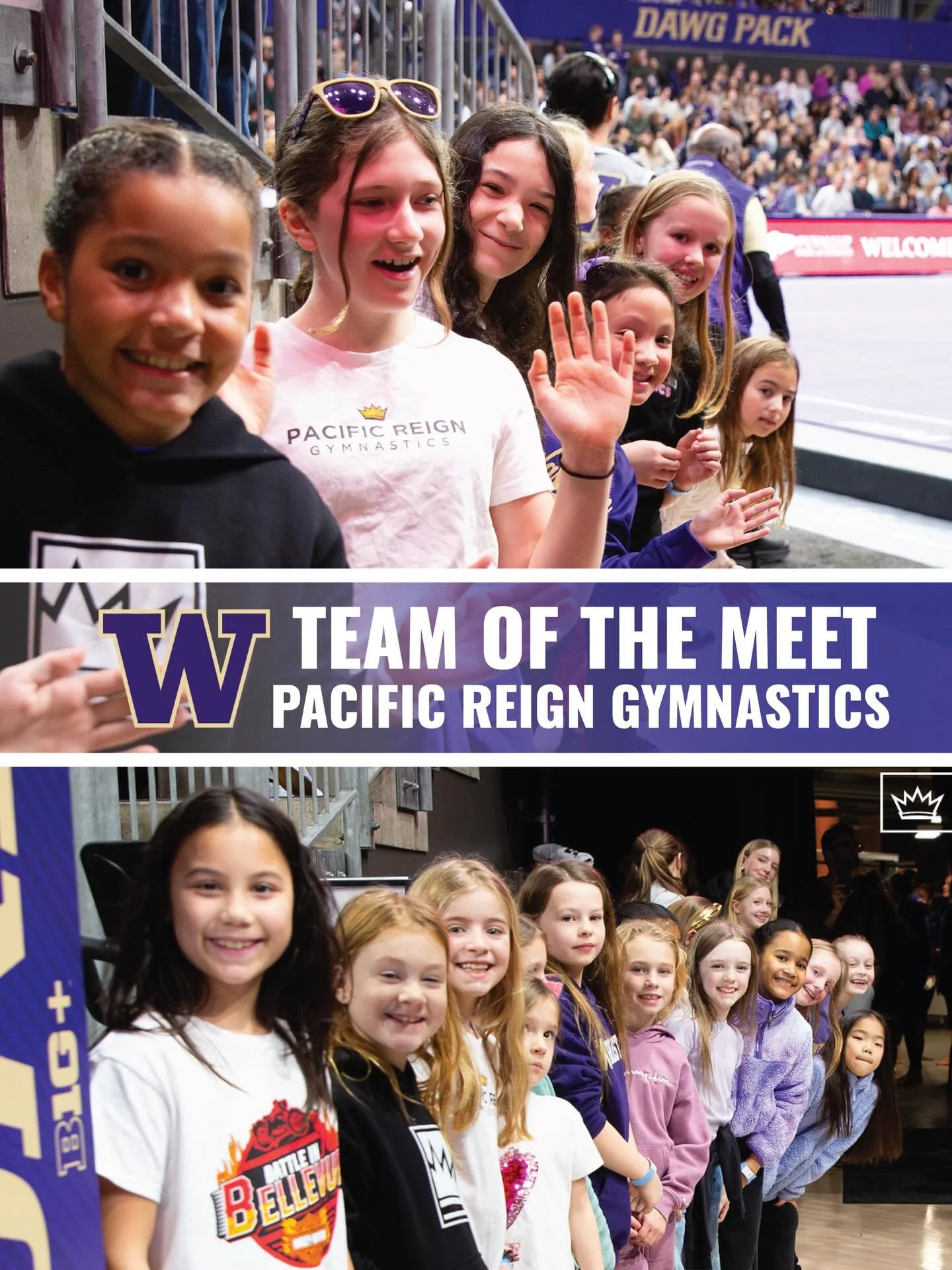 At @uwgymnastics SOLD OUT home opener, Pacific Reign is honored to have been named the TEAM OF THE MEET!!✨

Over 300 Pacific Reign athletes and family members showed up to Alaska Airlines Arena to contribute to the Huskies first ever sellout crowd. T