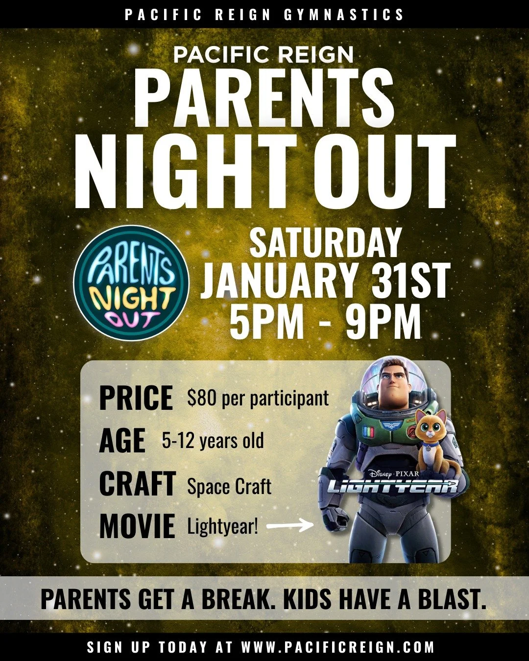 Parents night out is BACK 🚀

This Saturday from 5-9 PM, kids ages 5-12 will enjoy gym time, a space-themed craft, pizza, and a showing of Lightyear&mdash; while parents enjoy a few hours to themselves. 

Spots are limited&mdash; visit our website to