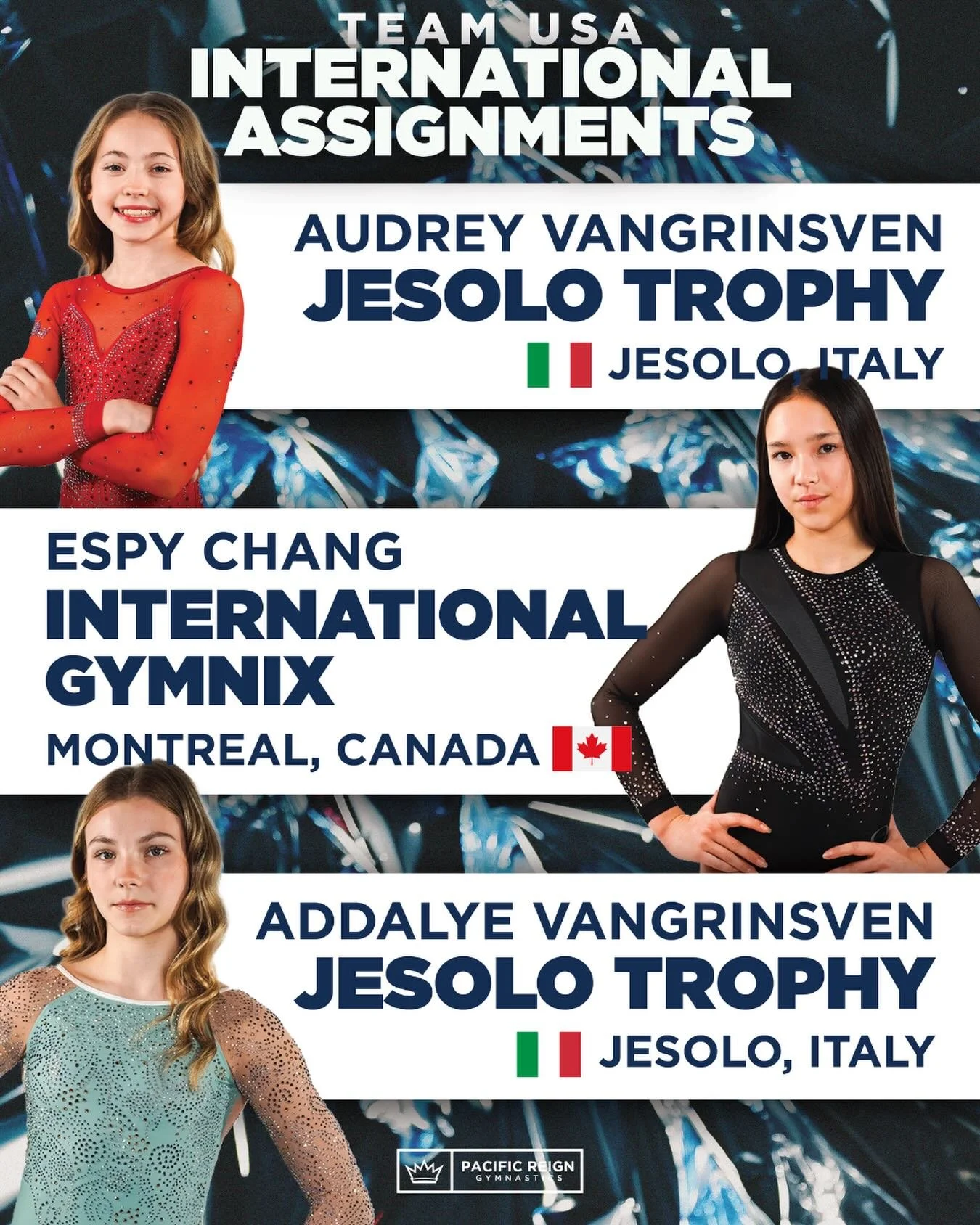 Team USA International Assignment selections for the Junior Elites!🇺🇸

Addalye &amp; Audrey will head to Italy and Espy will compete in Canada. Go Team USA!✨ #Train2Reign👑

@addalye 
@audreyv2032 
@espy_gymnast
