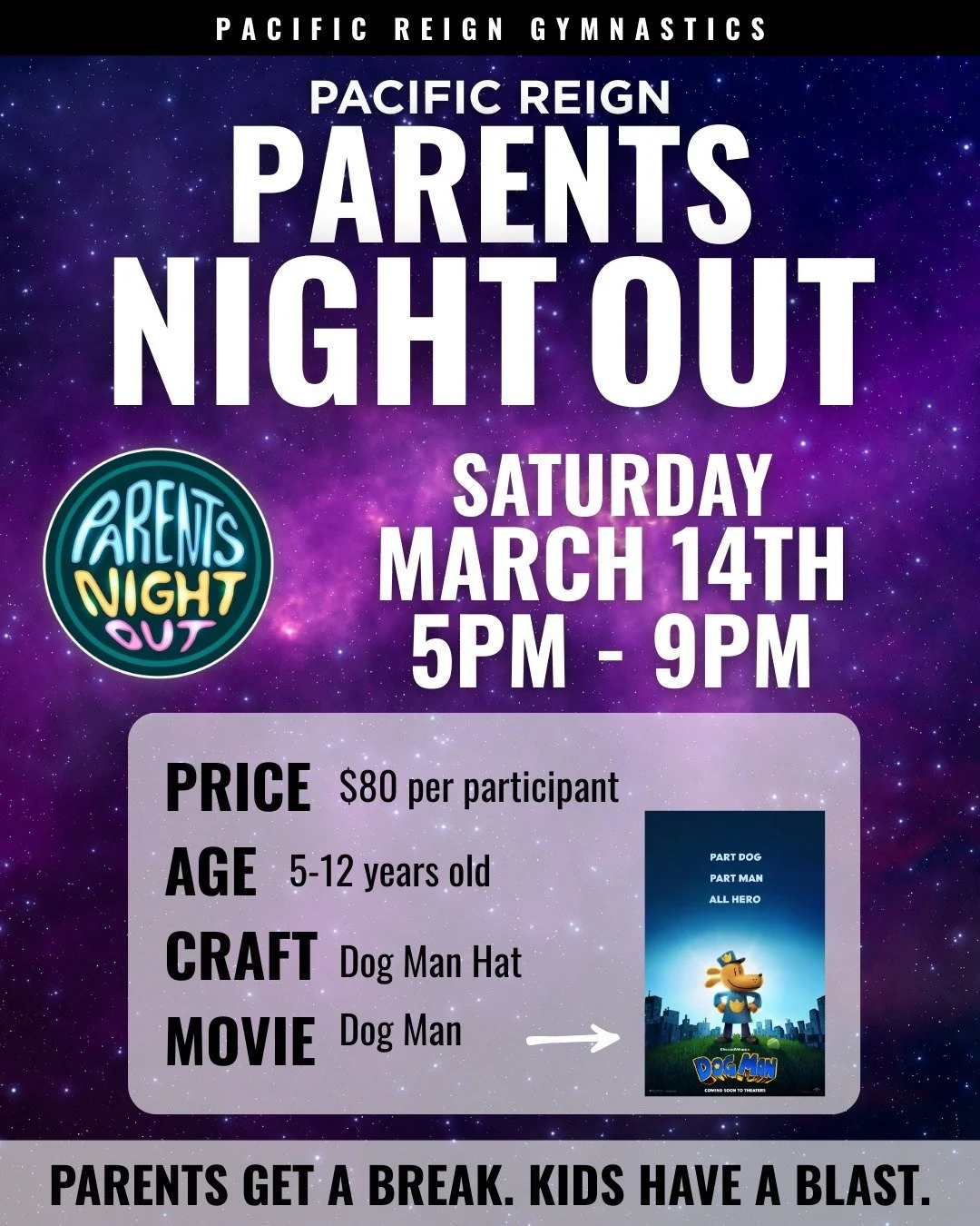 Parents Night Out is back this Saturday 🤸

Drop the kids off for a night of gym games, pizza, a craft, and a movie while you enjoy a few kid-free hours.

Spots are limited&mdash; grab one before they&rsquo;re gone!