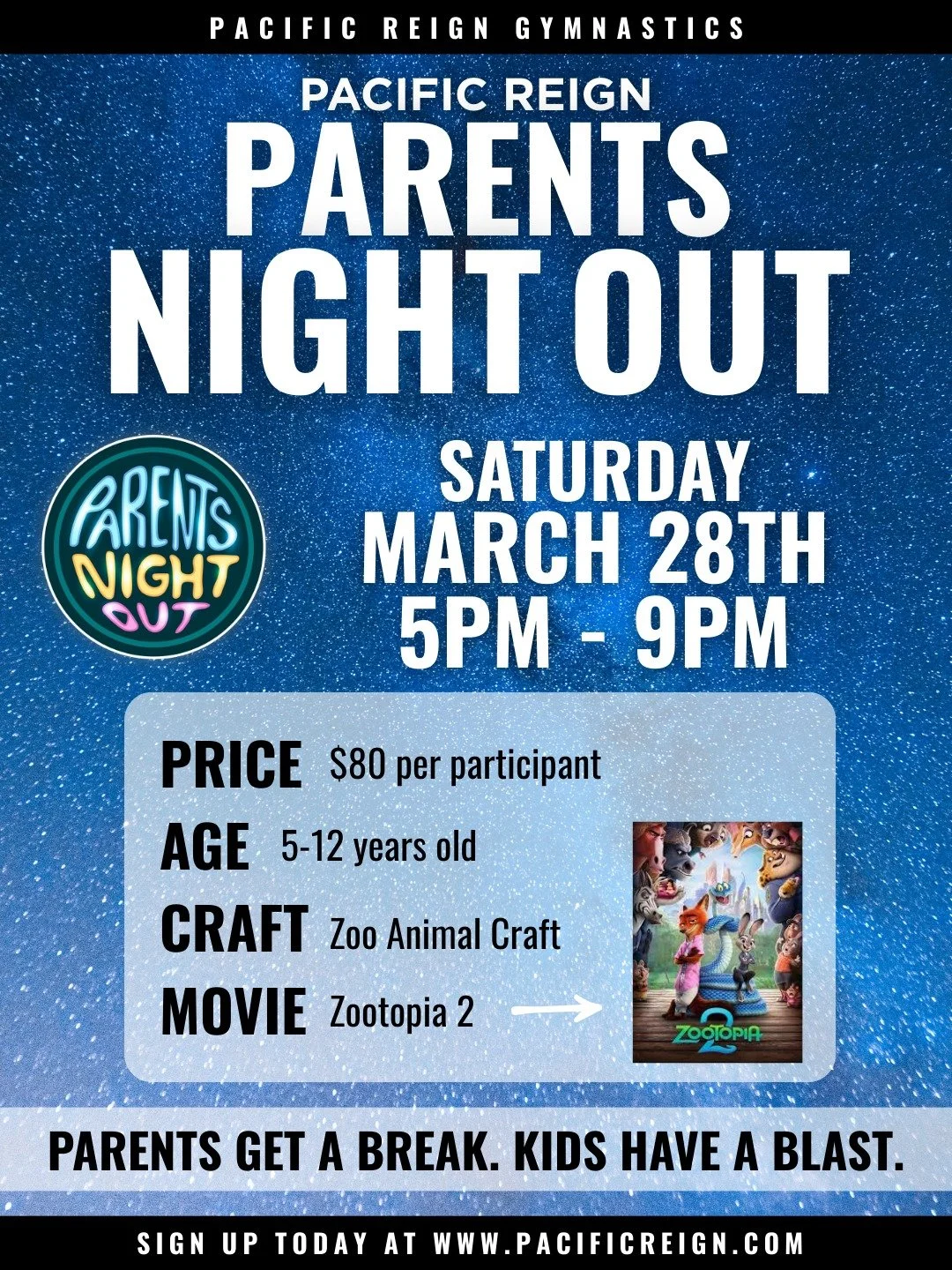 This Saturday! Enjoy a night to yourself while we handle the fun at Parents Night Out!

Kids will have a blast with games, activities, and a showing of Zootopia 2. 🎬