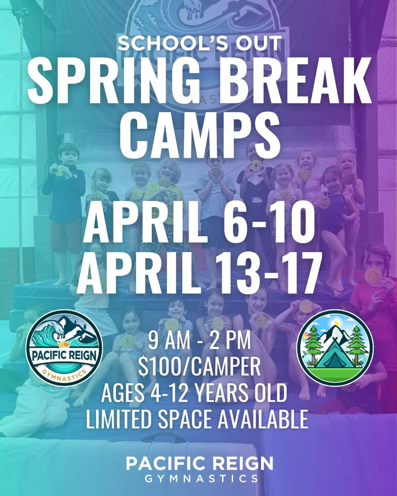 Spring break plans = sorted.🤸✨

Spring Break Camp at Pacific Reign - April 6-10 &amp; April 13-17! Come for a day or stay for the week!

Ages 4-12
$100/day per camper
Extended day options available!
Limited space available! Sign-up today!

#springbr