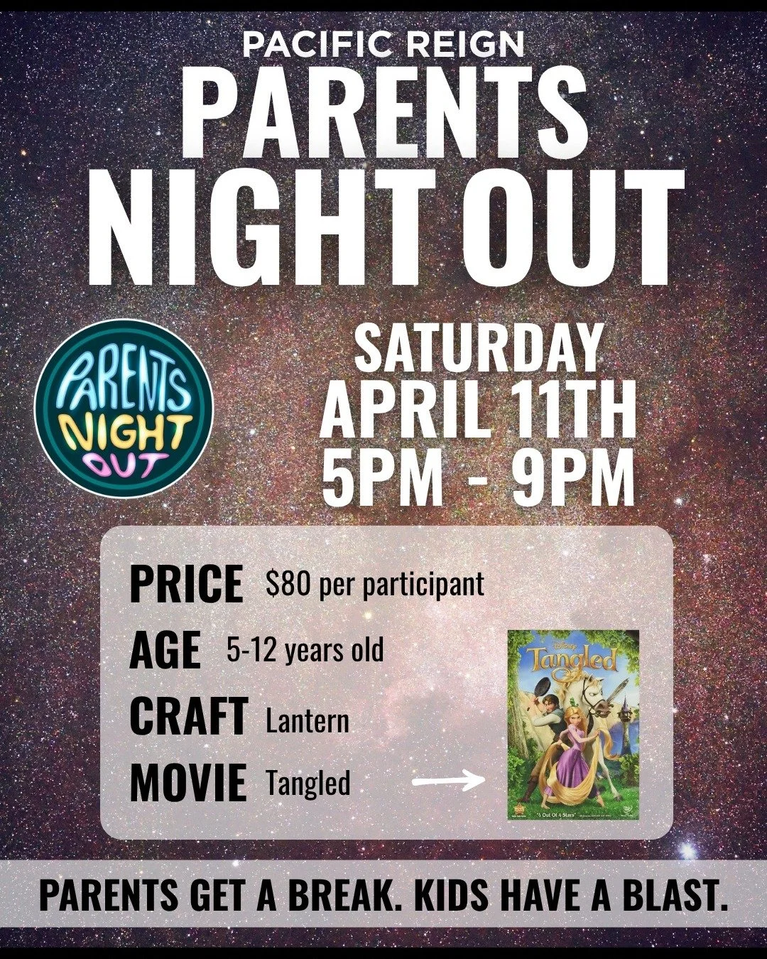 Parents Night Out is this Saturday, April 11th! Drop the kids off for games, a lantern craft, pizza, and a movie while you enjoy a night to yourself 😌 5&ndash;9 PM, ages 5&ndash;12, grab your spot now!