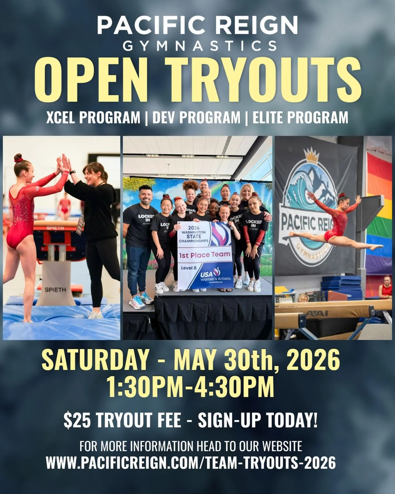 🚨 OPEN TRYOUTS ARE HERE! 🚨

Think you have what it takes to be part of the Pacific Reign team? Come show us what you&rsquo;ve got at our 2026 Open Tryouts!

🤸 Xcel Program | Dev Program | Elite Program
📅 Saturday, May 30th, 2026
⏰ 1:30 PM &ndash;