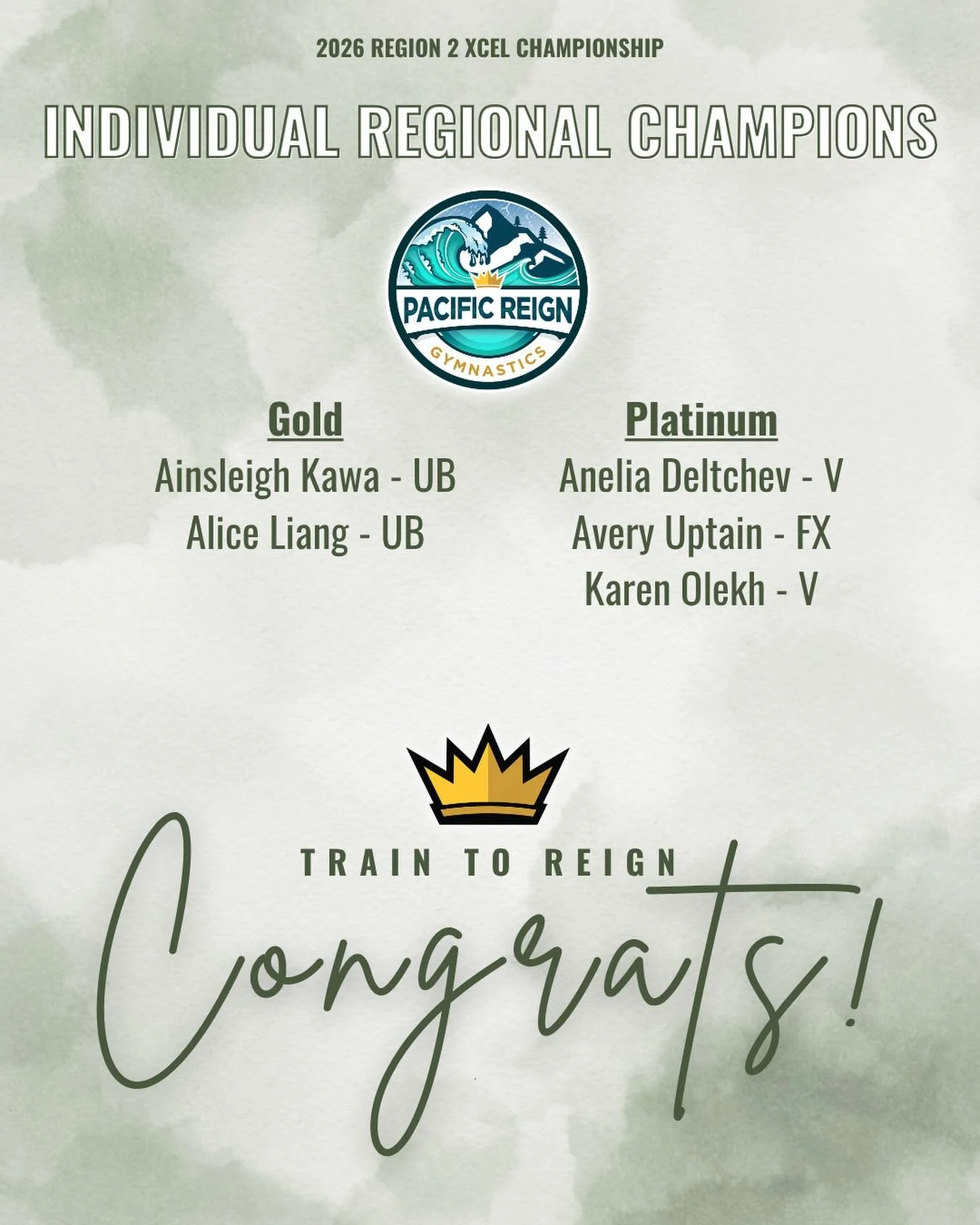 These Pacific Reign Xcel team members took home the CROWN at Regionals this weekend! Congrats to Ainsleigh, Alice, Amelia, Avery and Karen for being Region 2 CHAMPIONS!! #Train2Reign👑
