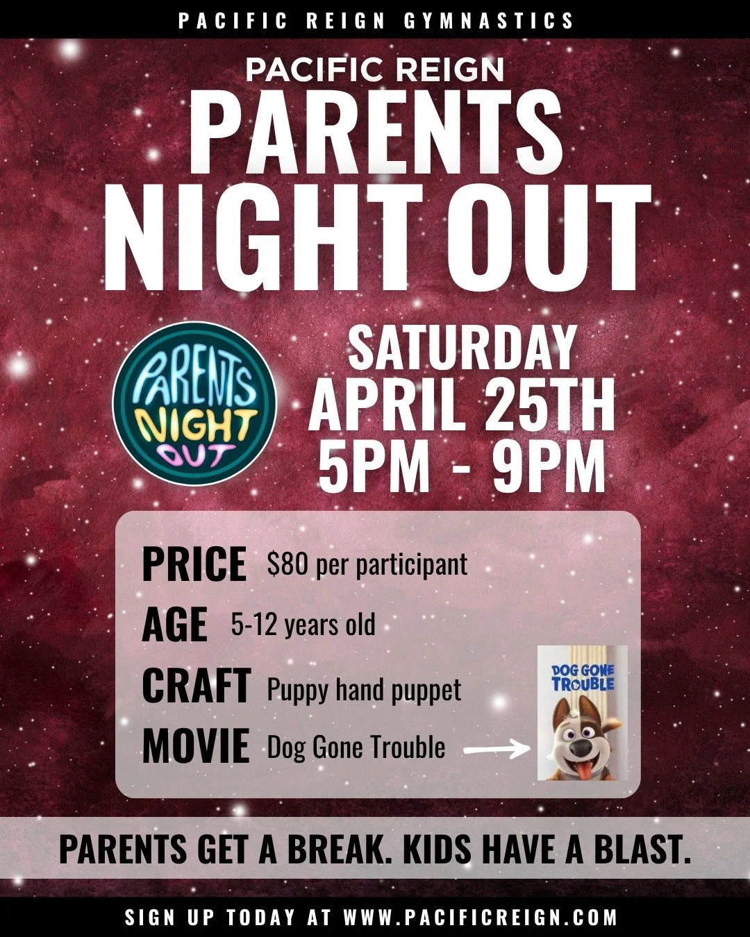 Saturday plans = handled 😌

Drop the kids off and go enjoy your night&mdash; we&rsquo;ve got everything covered. They&rsquo;ll be busy with games, making a puppy hand puppet, eating pizza, and winding down with Dog Gone Trouble 🎬

📅 April 25 | 5&n