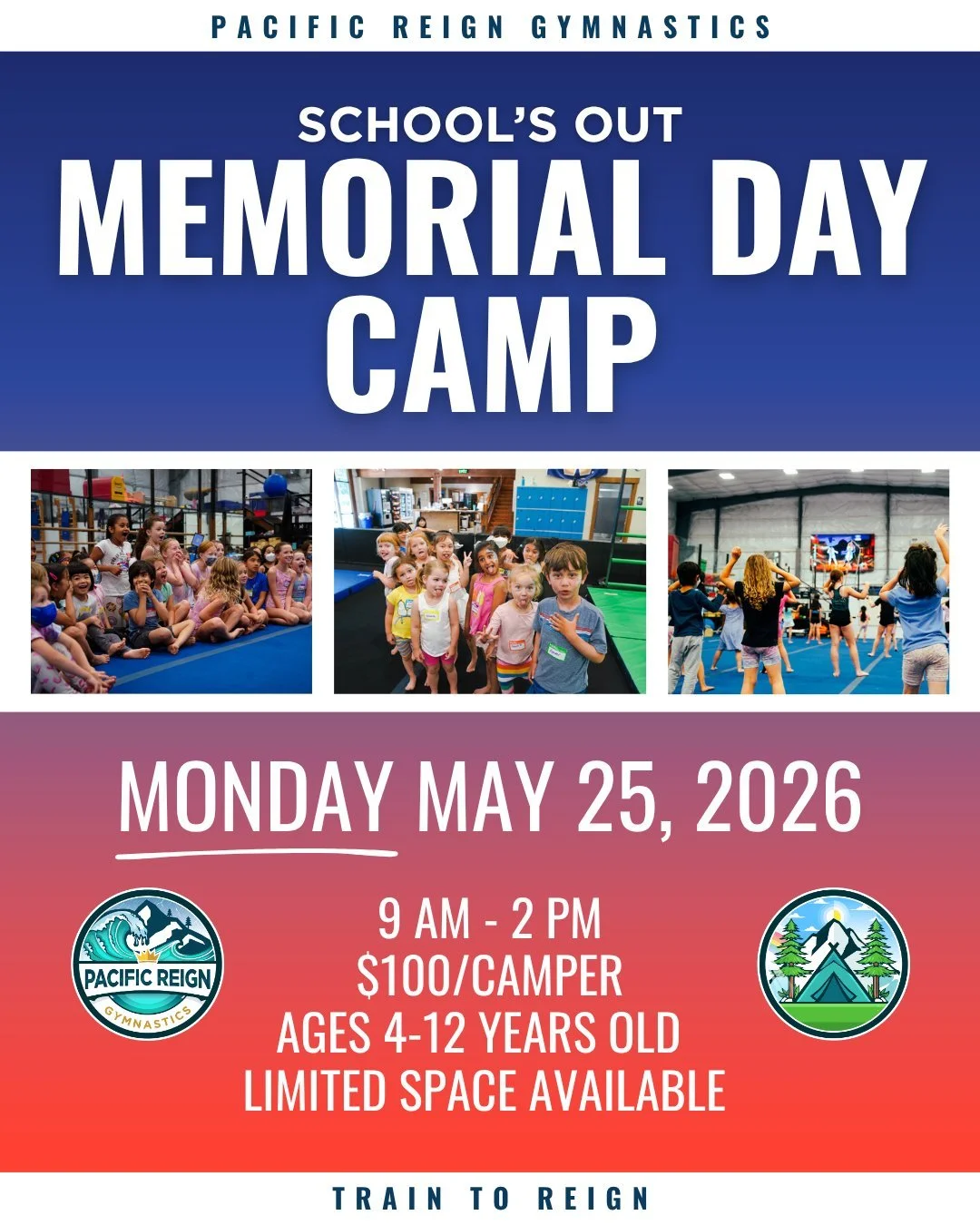 Memorial Day Camp at Pacific Reign!
A full day of gymnastics, ninja courses, games, crafts, and fun for kids ages 4&ndash;12 🤸&zwj;♀️⚡️

Monday, May 25 &bull; 9AM&ndash;2PM
Come move, play, and have fun with us! Link in bio to register.