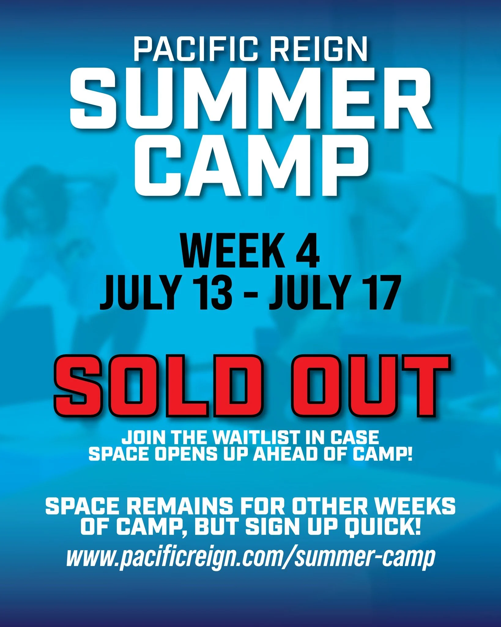 Week 4 of Pacific Reign Summer Camp is SOLD OUT‼

Space is filling up quickly for our 10 weeks of Summer Camps! Be sure to register ASAP to secure your spot this summer! It's going to be the BEST SUMMER EVER!

#summercamp #PNWSummerCamp #PacificReign