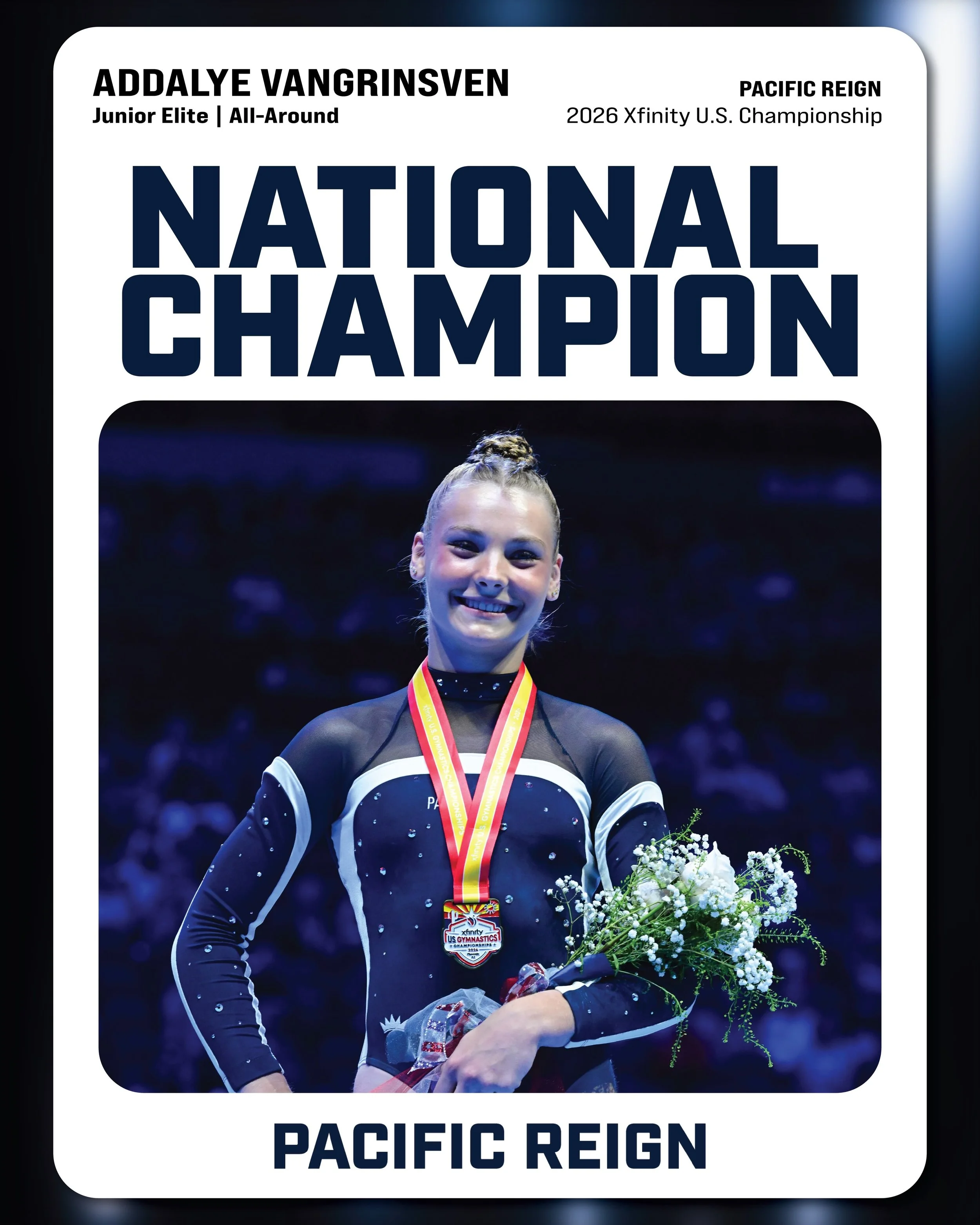 Your 2026 Xfinity U.S. Gymnastics Junior CHAMPION - Addalye VanGrinsven! GOLD in the All-Around, GOLD on Floor, and SILVER on Balance Beam at the 2026 Xfinity U.S. Gymnastics Championships!

Addalye left it all on the floor in Phoenix and it showed i