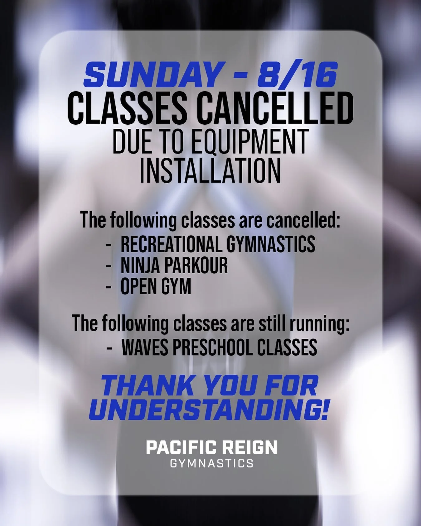 ANNOUNCEMENT 🚨

Our equipment company is moving floors and beams in and out of the gym this Sunday - August 16th. This was not on our original schedule, but it&rsquo;s the only window their team had available. With large equipment being transported 
