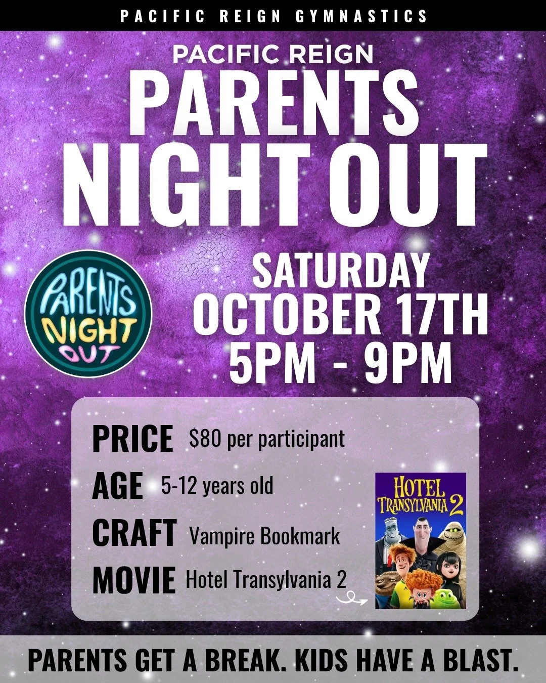 Ask any kid how they&rsquo;d spend their October Saturday night. 🧛

Gym play. Vampire bookmarks. Pizza. Hotel Transylvania 2.

Parents Night Out - Sat, Oct 17 | 5&ndash;9 PM | Ages 5&ndash;12 | $80

Link in bio. 🔗